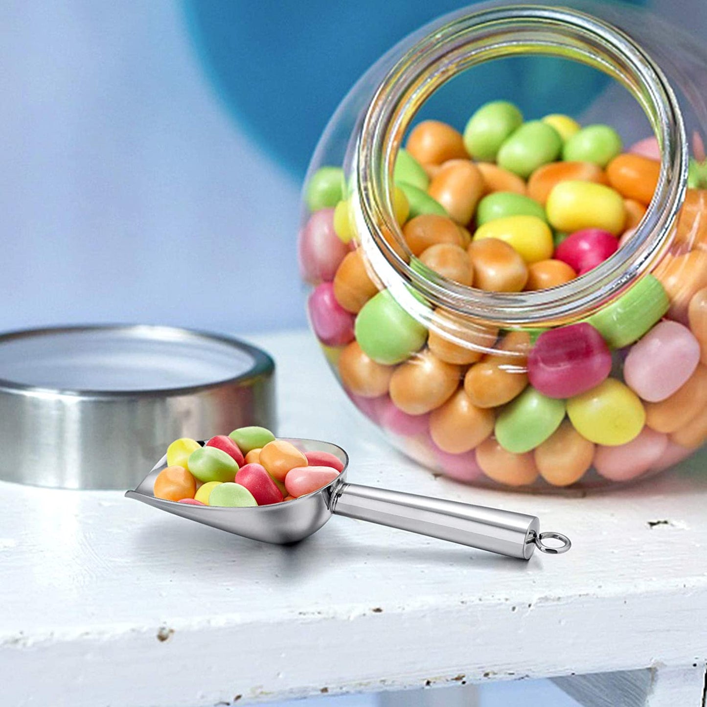 Mini Ice Scoop Set of 2, 3 Ounce Stainless Steel Scoops for Ice Cube/Candy/Flour/Sugar, Metal Utility Scoops for Canisters, Baking, Kitchen Pantry, Rust Proof & Dishwasher Safe