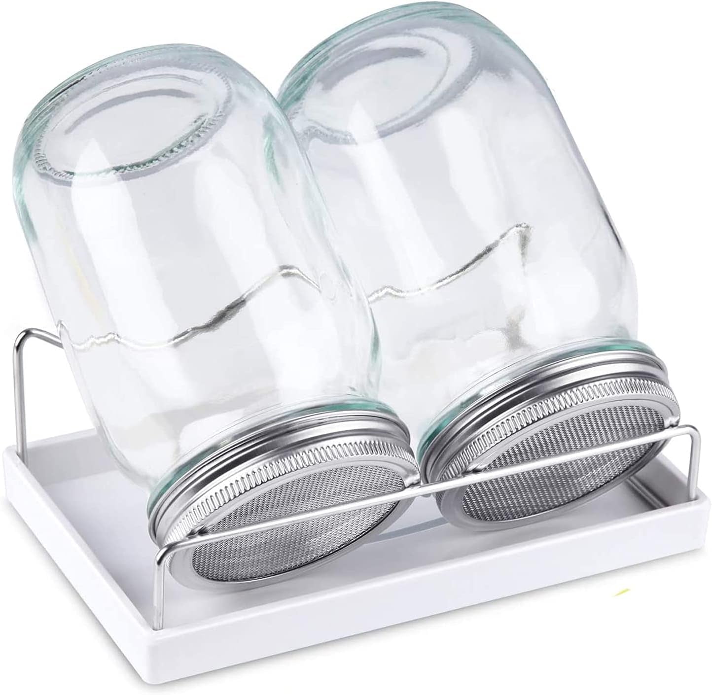 Sprouting Jar Kit-2 Wide Mouth Quart Mason Jars with 316 Stainless Steel Screen Sprout Lids,Melamine Tray,Stand and Canning Brush | Seed Sprouter Set for Growing Broccoli, Alfalfa, Mung Bean (White)