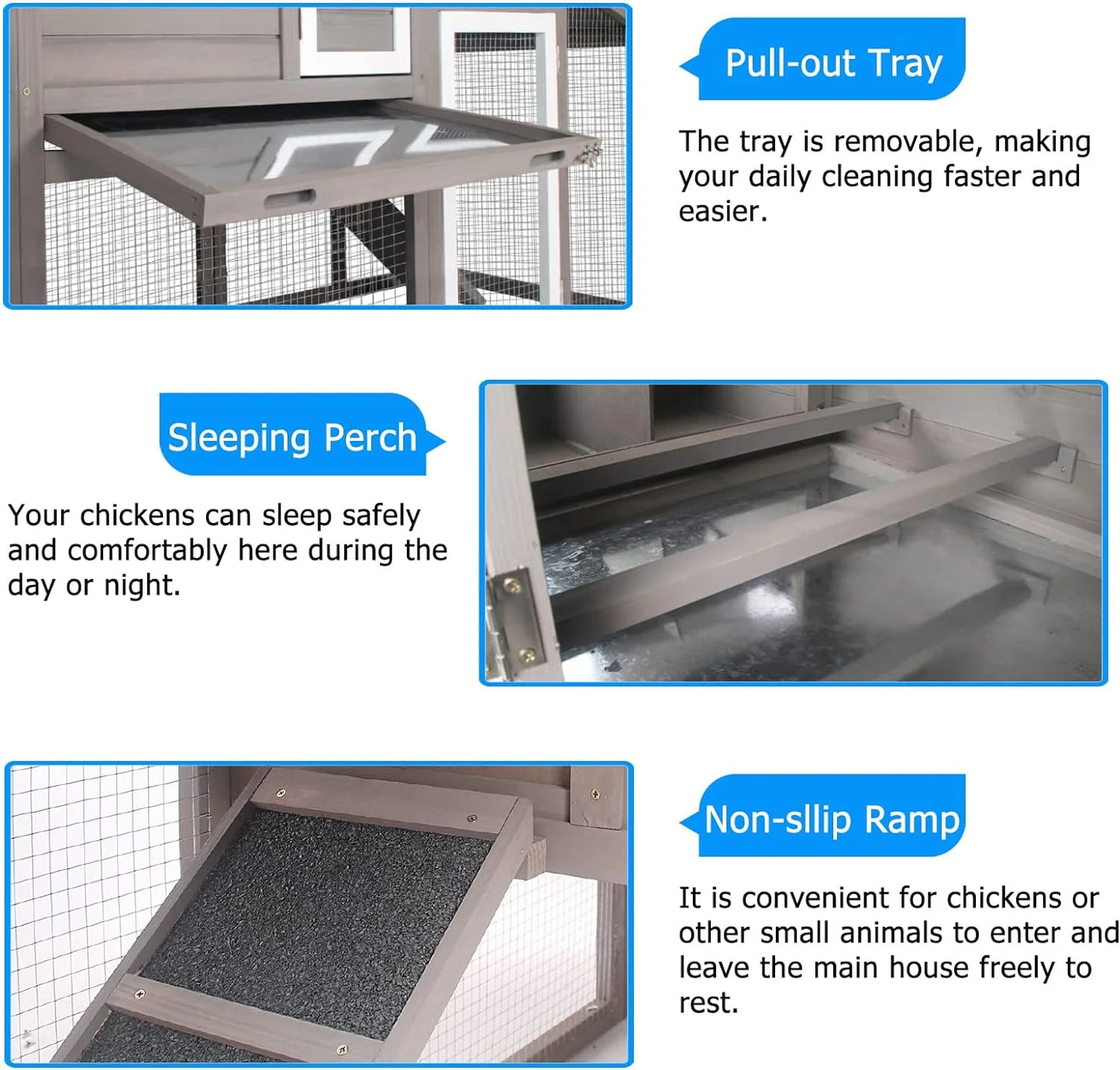 Chicken Coop with Run Wooden Backyard Hen House Indoor & Outdoor for 2-3 Chickens, Grey