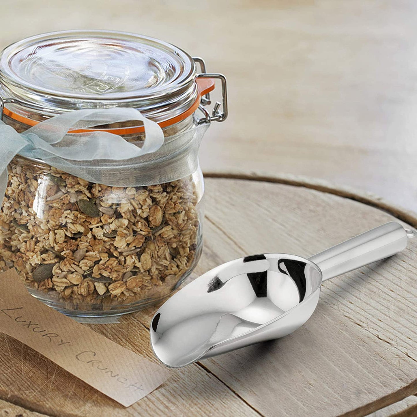 Mini Ice Scoop Set of 2, 3 Ounce Stainless Steel Scoops for Ice Cube/Candy/Flour/Sugar, Metal Utility Scoops for Canisters, Baking, Kitchen Pantry, Rust Proof & Dishwasher Safe