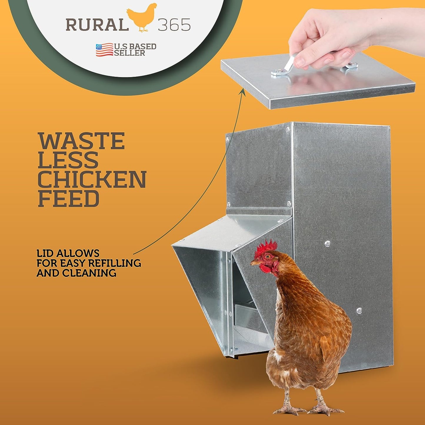 11.5Lb Capacity Galvanized Chicken Feeder - Rat Proof Poultry Feeder with Lid Weatherproof Outdoor Coop Food Dispenser
