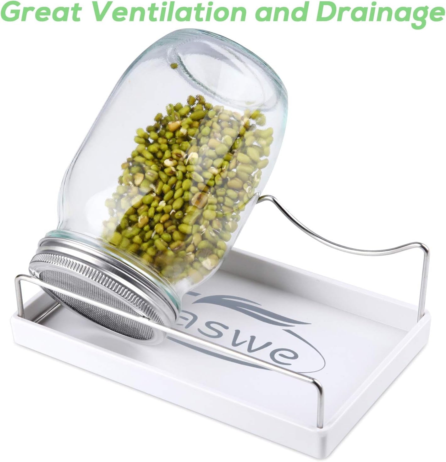 Sprouting Jar Kit-2 Wide Mouth Quart Mason Jars with 316 Stainless Steel Screen Sprout Lids,Melamine Tray,Stand and Canning Brush | Seed Sprouter Set for Growing Broccoli, Alfalfa, Mung Bean (White)