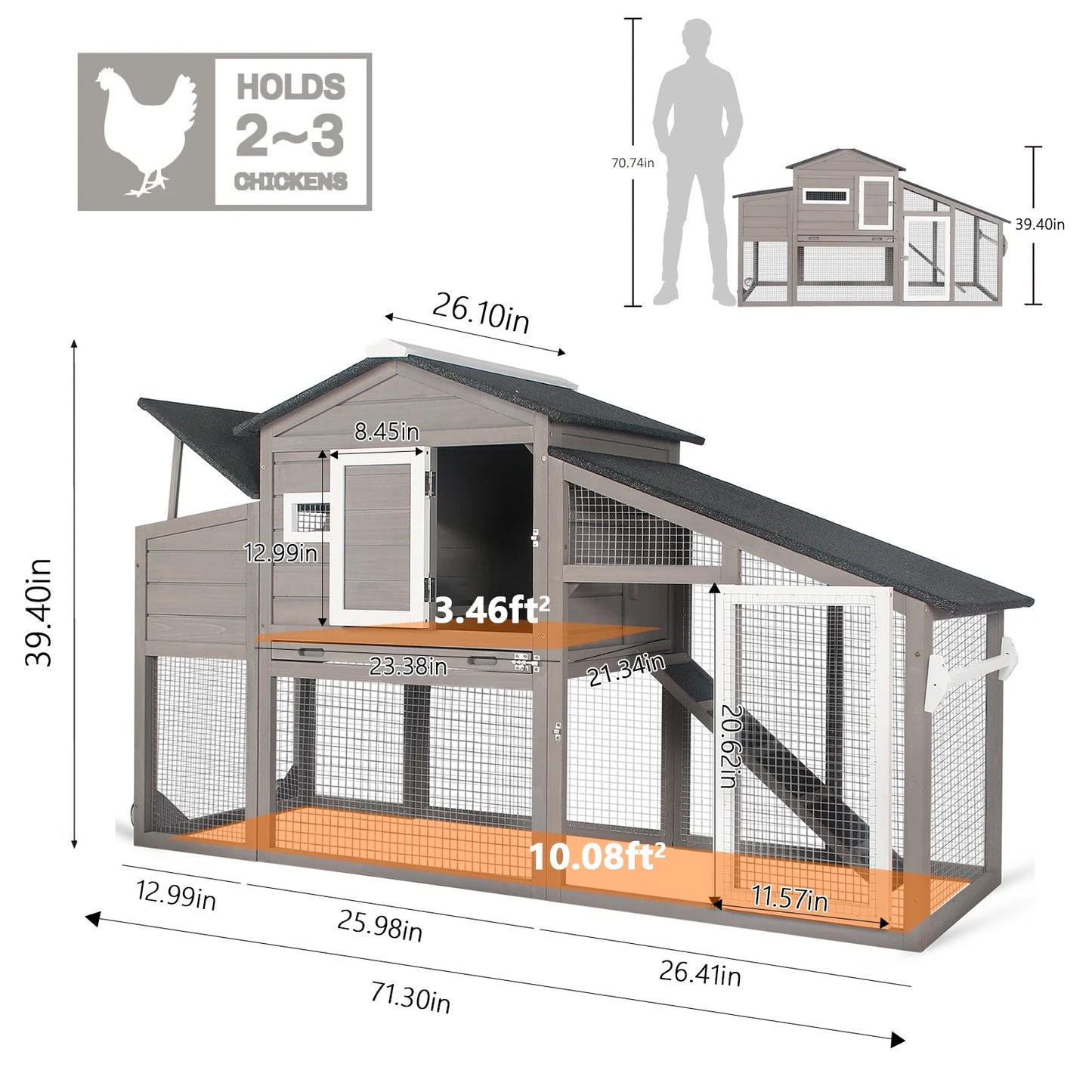 Chicken Coop with Run Wooden Backyard Hen House Indoor & Outdoor for 2-3 Chickens, Grey