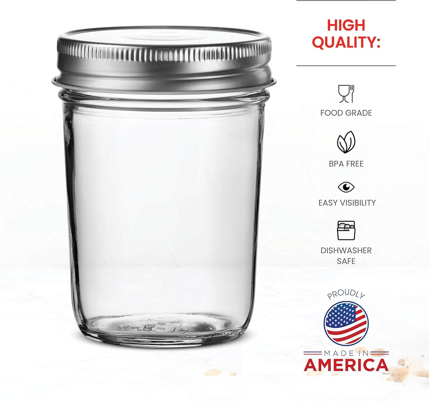 Glass Regular Mouth Mason Jars, 8 Oz Jars with Silver Metal Airtight Lids for Meal Prep, Dry Food Storage, Canning, Drinking, for Overnight Oats, Jelly, Spices, Salads, Yogurt (6 Pack)