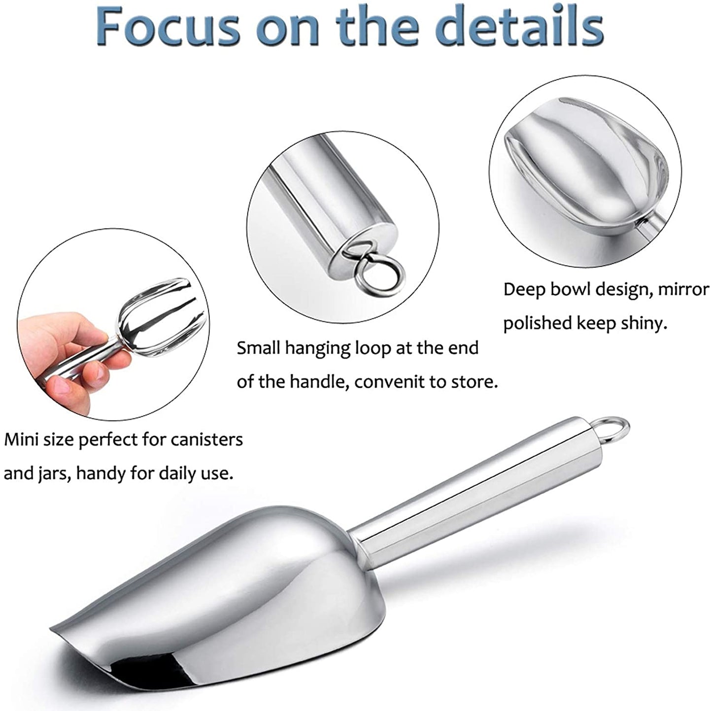 Mini Ice Scoop Set of 2, 3 Ounce Stainless Steel Scoops for Ice Cube/Candy/Flour/Sugar, Metal Utility Scoops for Canisters, Baking, Kitchen Pantry, Rust Proof & Dishwasher Safe