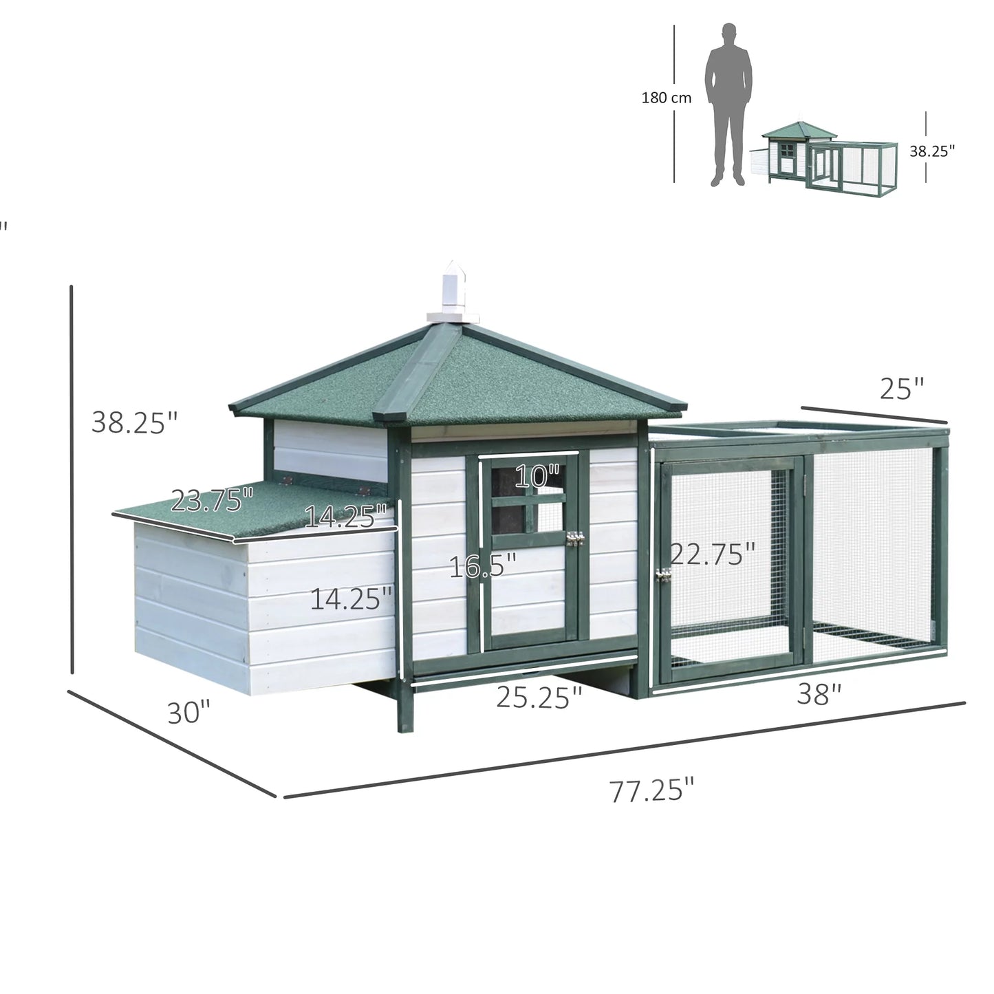 Chicken Coop Hen House, 4-6 chickens, Cottage Style, Green