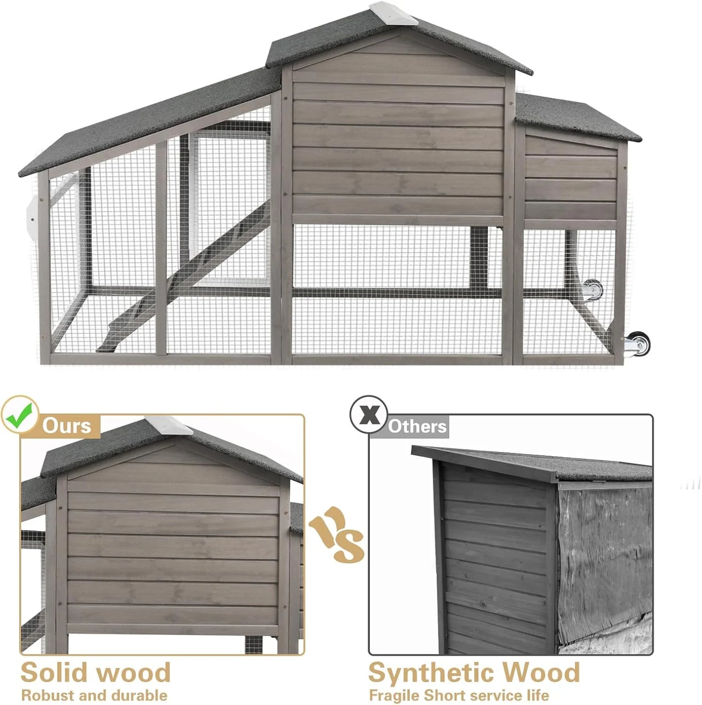 Chicken Coop with Run Wooden Backyard Hen House Indoor & Outdoor for 2-3 Chickens, Grey