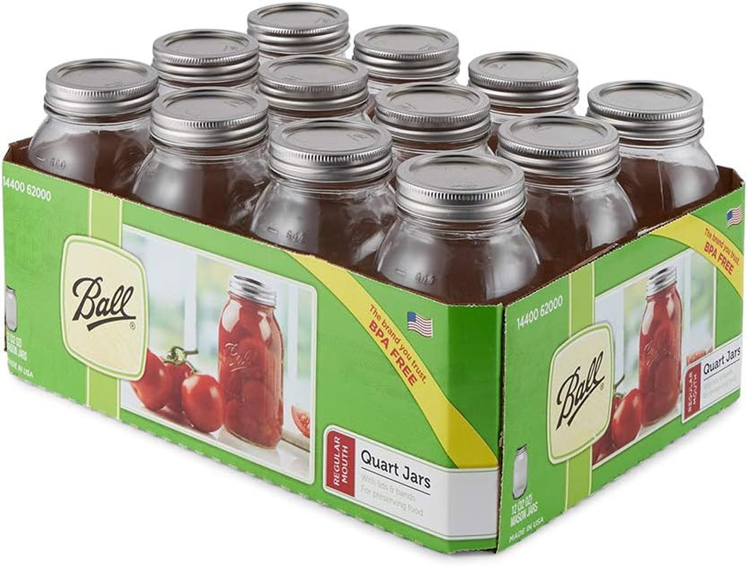Regular Mouth Quart 12 Pieces Jars (32Oz) Made in USA, Clear