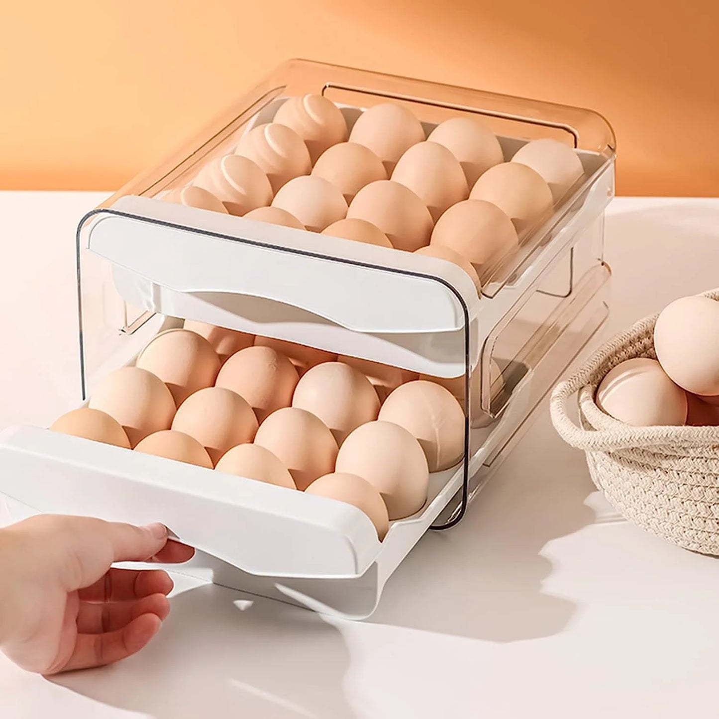 32 Egg Trays- Egg Organizer for Refrigerator, 2-Tier Plastic Fridge Egg Storage Containers with Lid & Handle, Stackable Egg Holder for Refrigerator, White