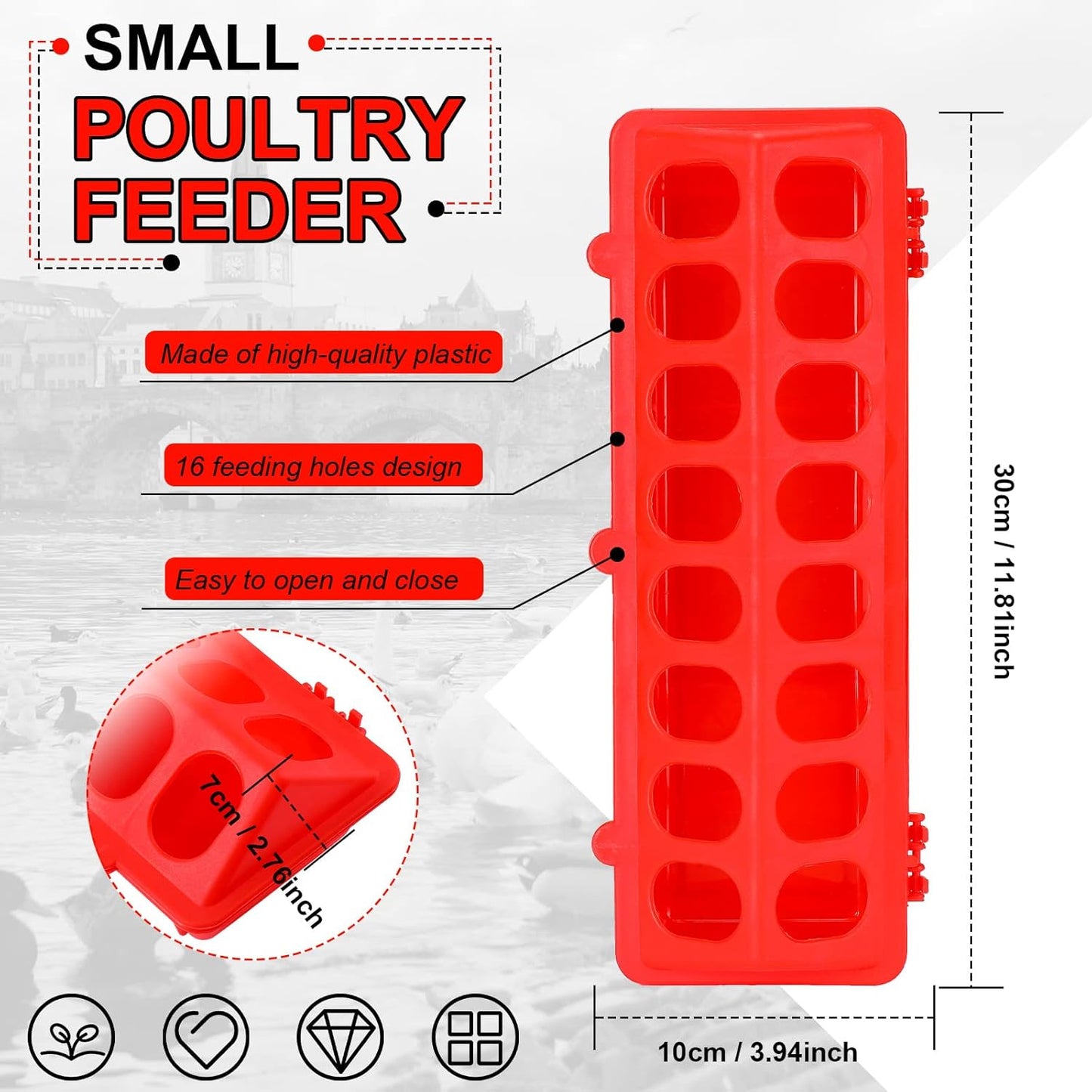 4 Plastic Flip Top Bird Small Poultry Feeder for Pigeon Chicken Feeder Small Poultry Feeder Drinker Duckling Quail Feeder No Mess No Waste Multihole Birds Feeding Dish Dispenser (Red)