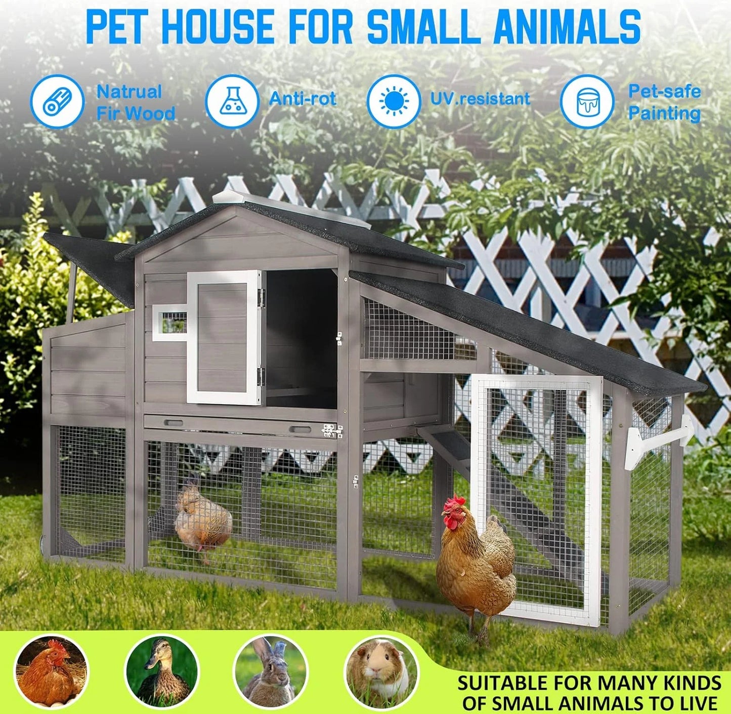 Chicken Coop with Run Wooden Backyard Hen House Indoor & Outdoor for 2-3 Chickens, Grey