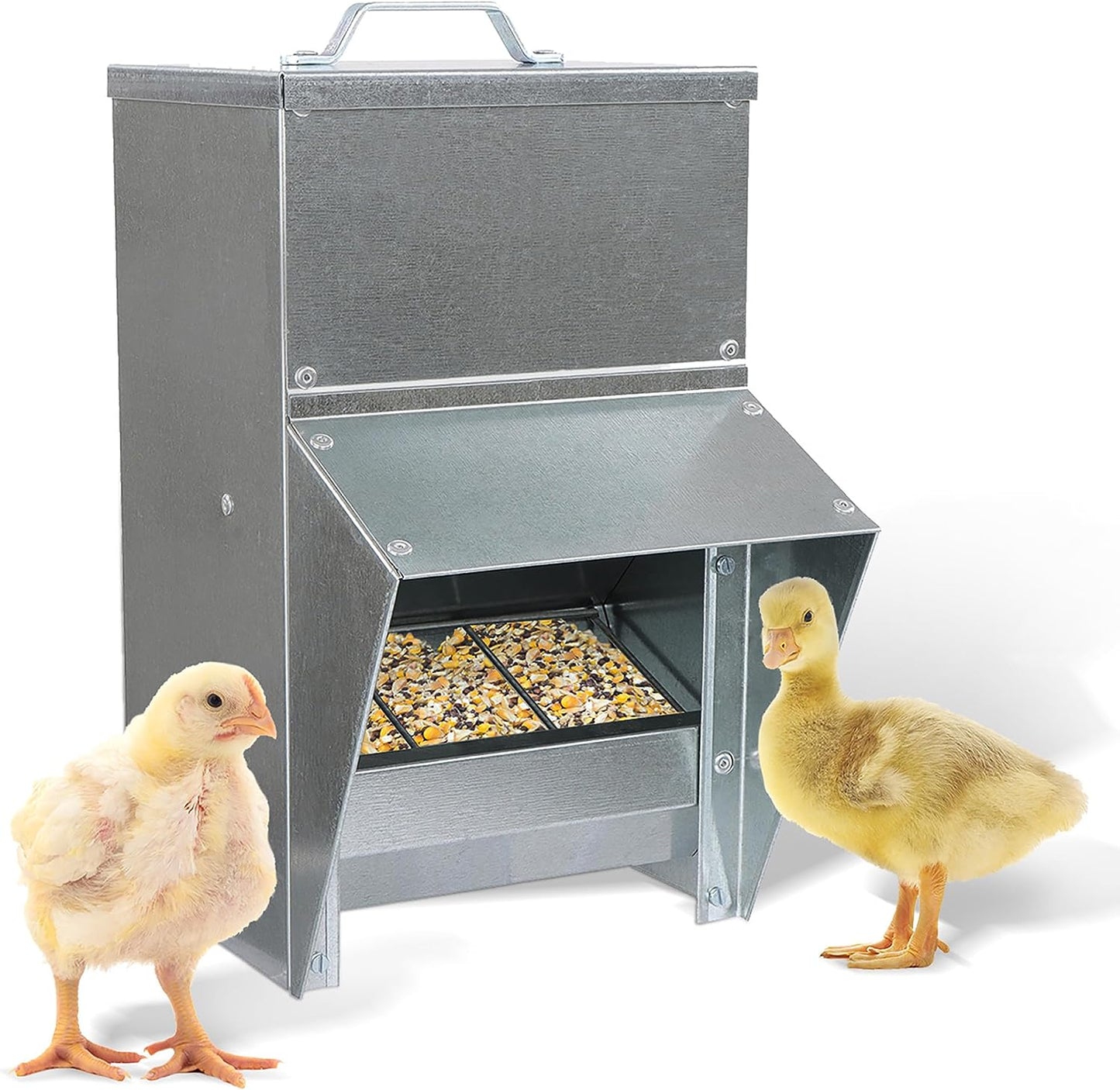 11.5Lb Capacity Galvanized Chicken Feeder - Rat Proof Poultry Feeder with Lid Weatherproof Outdoor Coop Food Dispenser