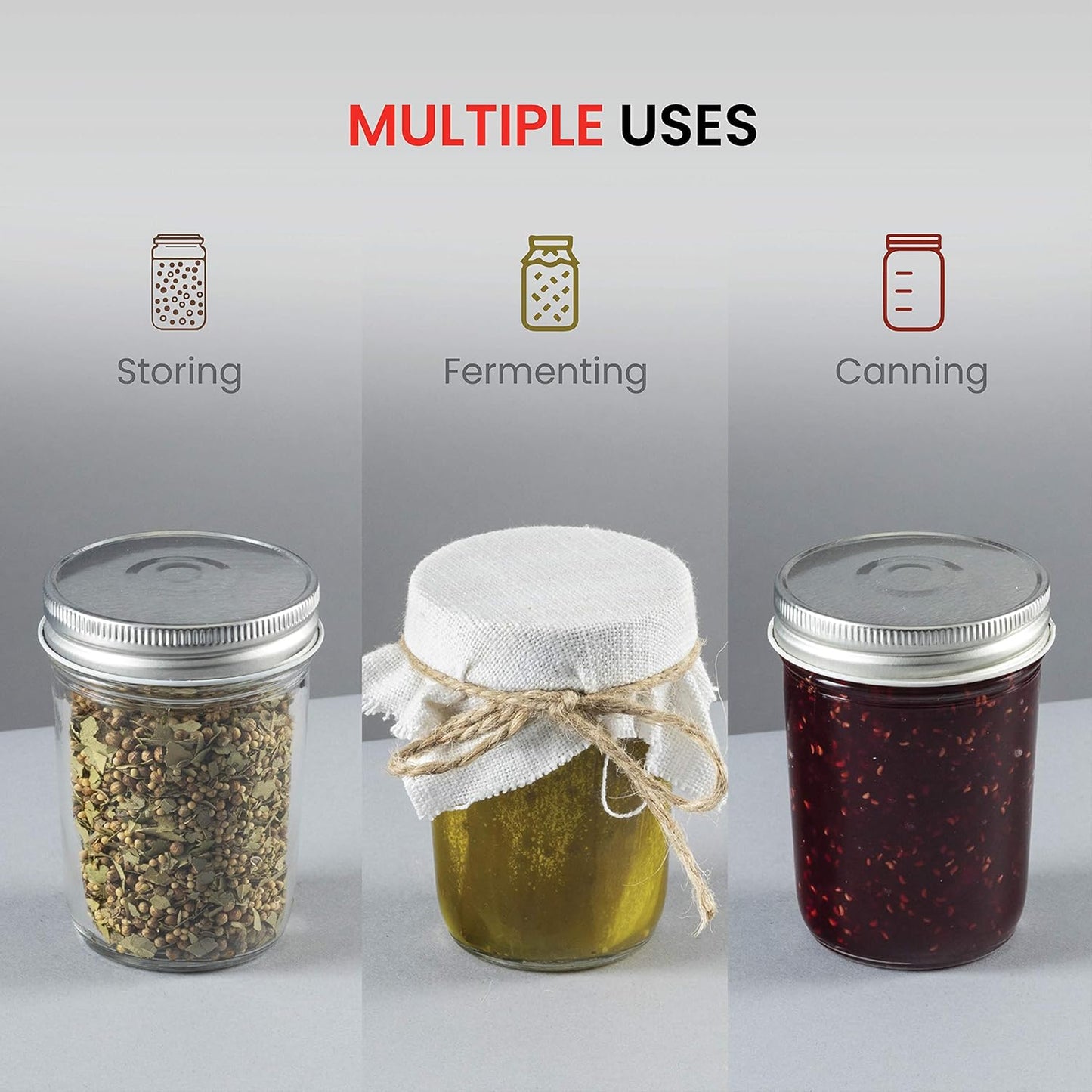 Glass Regular Mouth Mason Jars, 8 Oz Jars with Silver Metal Airtight Lids for Meal Prep, Dry Food Storage, Canning, Drinking, for Overnight Oats, Jelly, Spices, Salads, Yogurt (6 Pack)