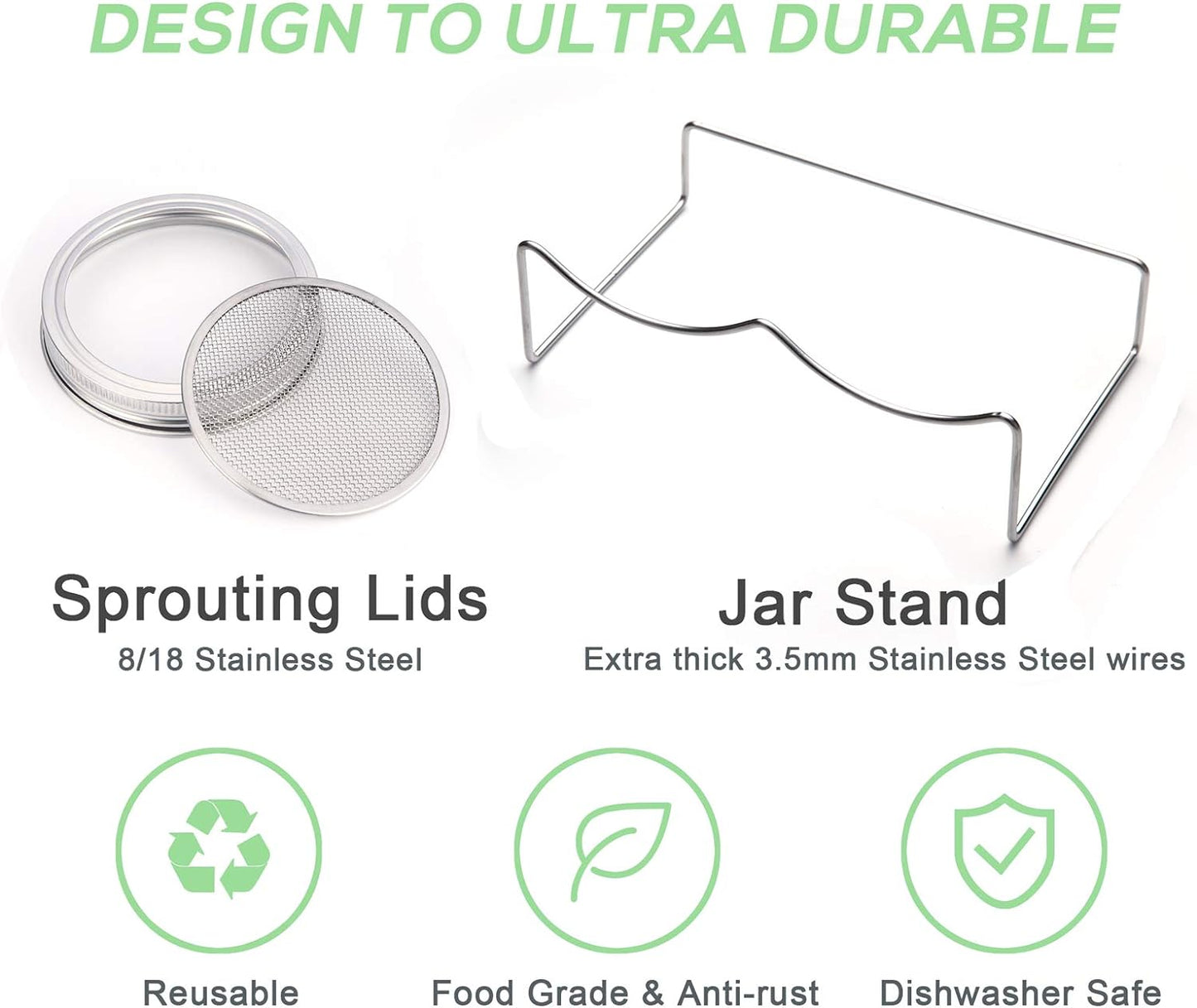 Sprouting Jar Kit-2 Wide Mouth Quart Mason Jars with 316 Stainless Steel Screen Sprout Lids,Melamine Tray,Stand and Canning Brush | Seed Sprouter Set for Growing Broccoli, Alfalfa, Mung Bean (White)
