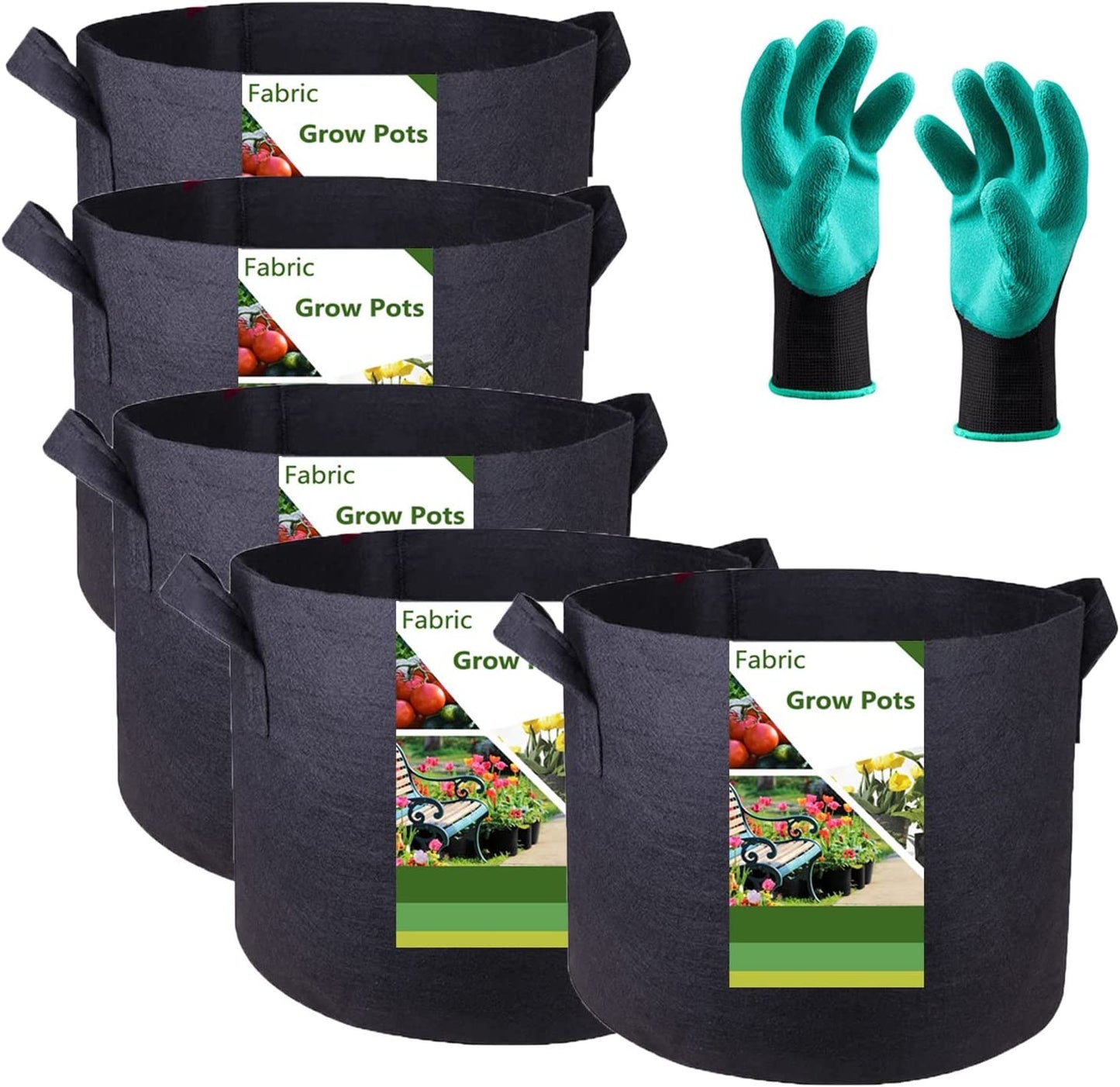 5-Pack 5 Gallon Thickened Plant Grow Bags (12X10 Inch) Nonwoven Fabric Plant Pots for Tomato,Potato Planter,Flower Pots,Herbs Veggies Planter Bags,Garden Pot,Barrel Planter,Garden Plant Bags W/ Gloves
