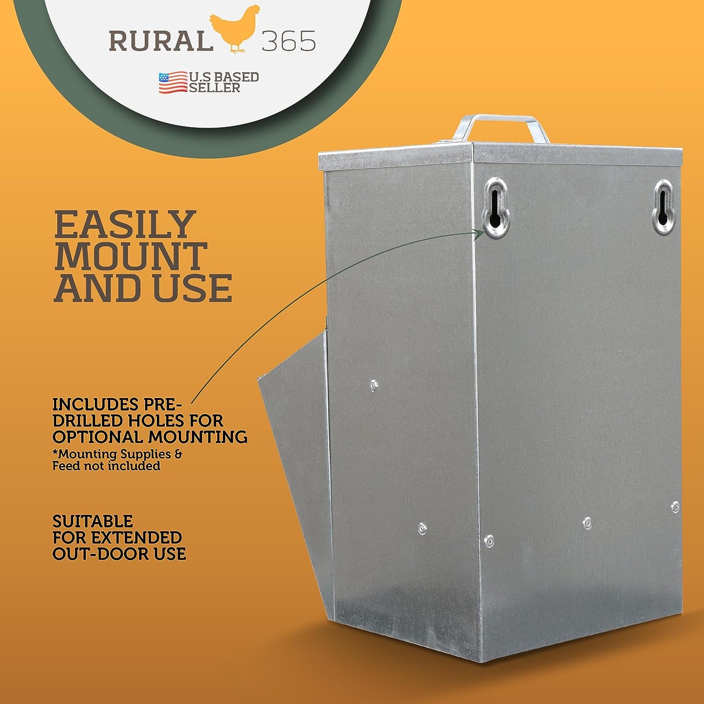 11.5Lb Capacity Galvanized Chicken Feeder - Rat Proof Poultry Feeder with Lid Weatherproof Outdoor Coop Food Dispenser