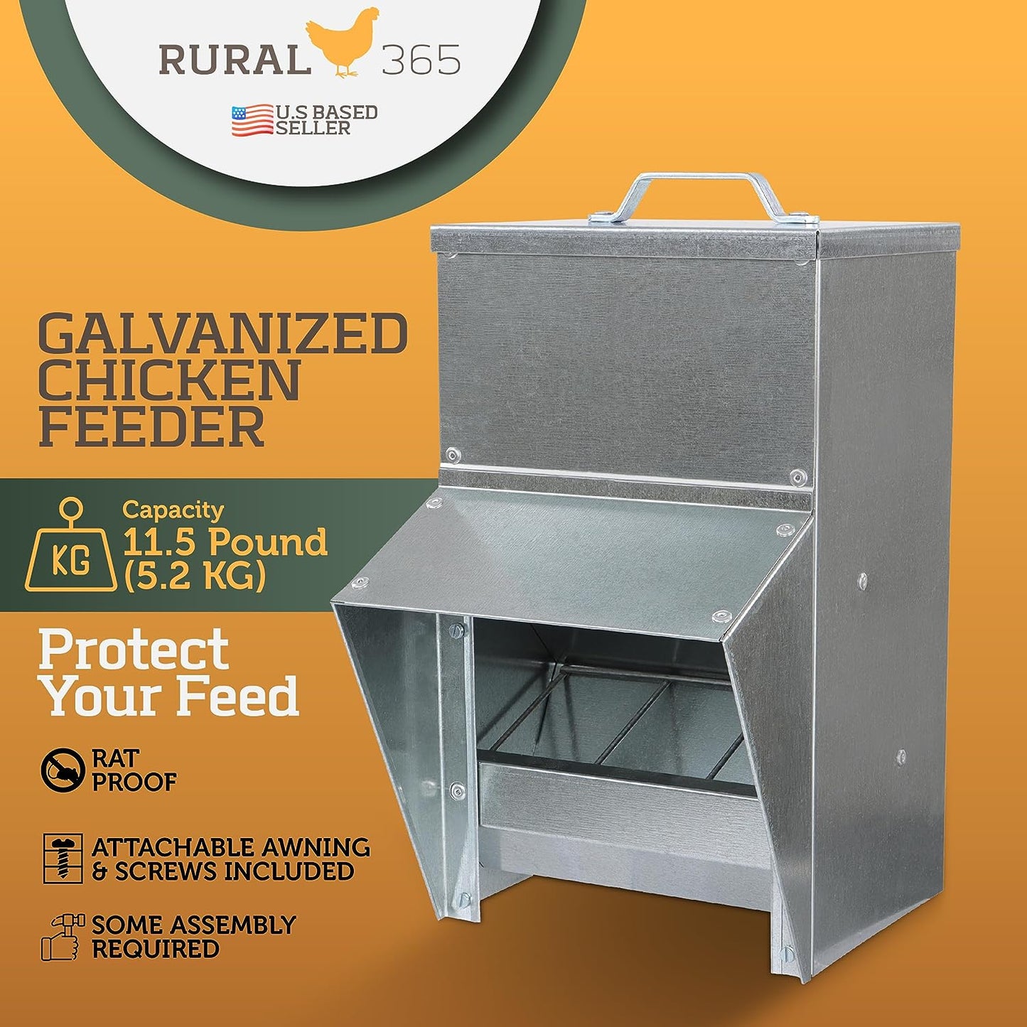 11.5Lb Capacity Galvanized Chicken Feeder - Rat Proof Poultry Feeder with Lid Weatherproof Outdoor Coop Food Dispenser