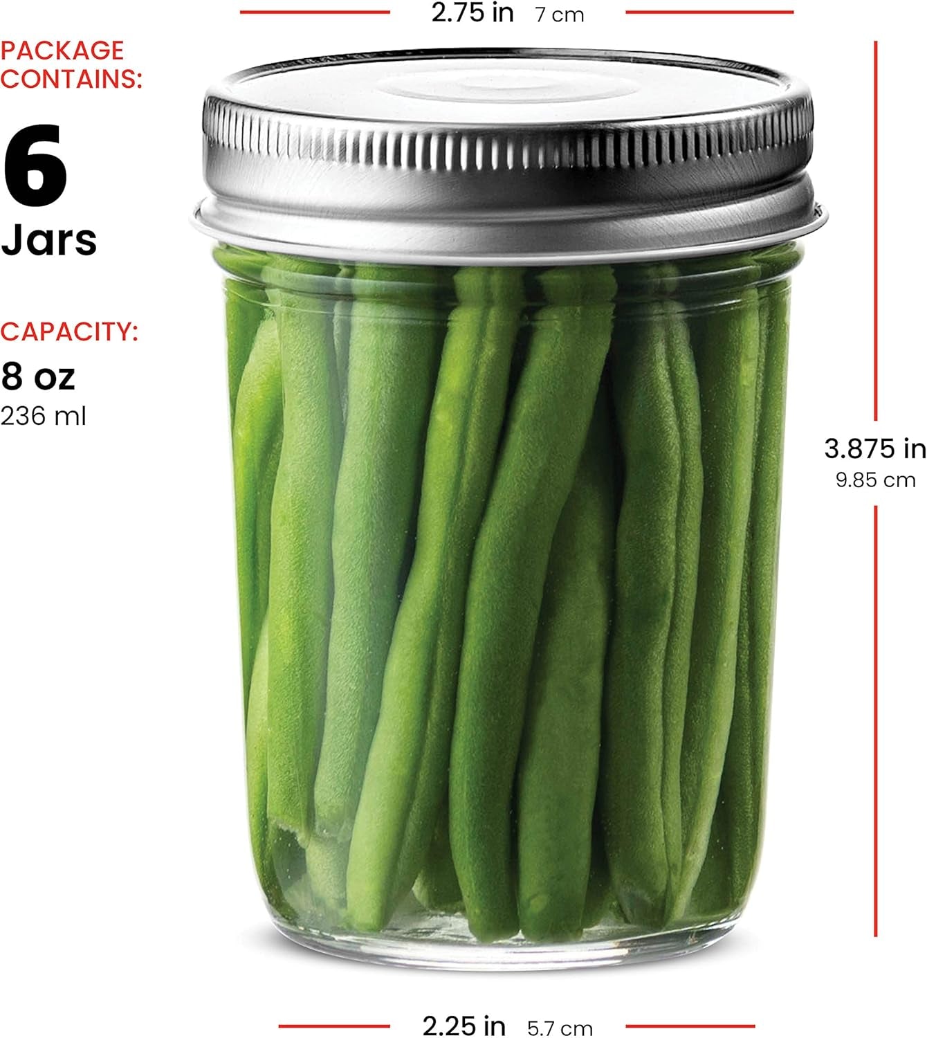 Glass Regular Mouth Mason Jars, 8 Oz Jars with Silver Metal Airtight Lids for Meal Prep, Dry Food Storage, Canning, Drinking, for Overnight Oats, Jelly, Spices, Salads, Yogurt (6 Pack)