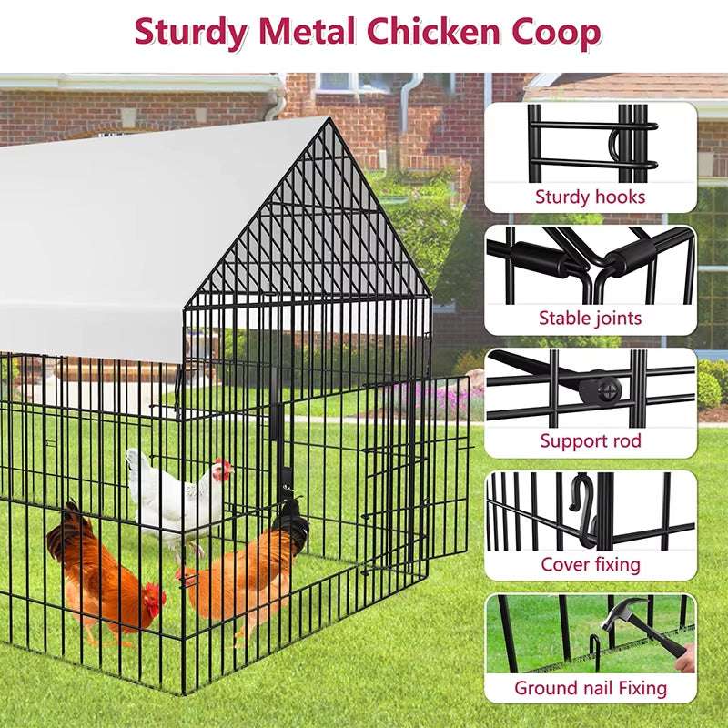 Chicken Coop Large Metal Chicken Pen Outdoor with Waterproof Cover Portable Chicken Fence Chicken Cage Duck Rabbit House Outside