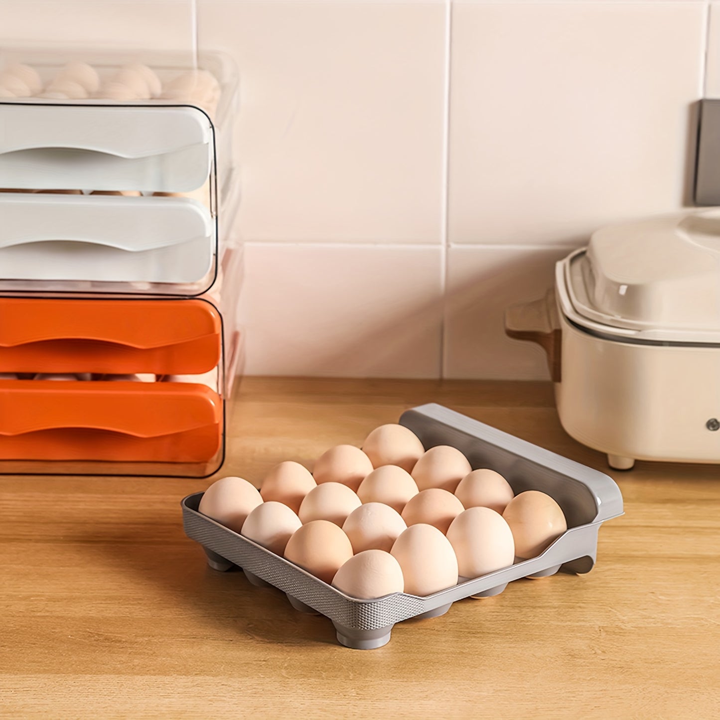 32 Egg Trays- Egg Organizer for Refrigerator,  2-Tier Plastic Fridge Egg Storage Containers with Lid & Handle, Stackable Egg Holder for Refrigerator, White