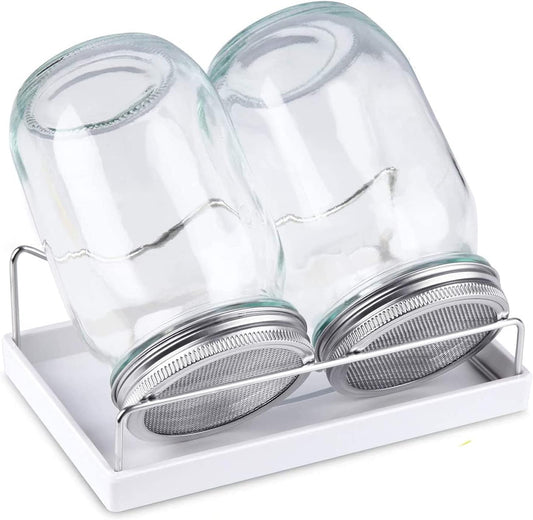 Sprouting Jar Kit-2 Wide Mouth Quart Mason Jars with 316 Stainless Steel Screen Sprout Lids,Melamine Tray,Stand and Canning Brush | Seed Sprouter Set for Growing Broccoli, Alfalfa, Mung Bean (White)