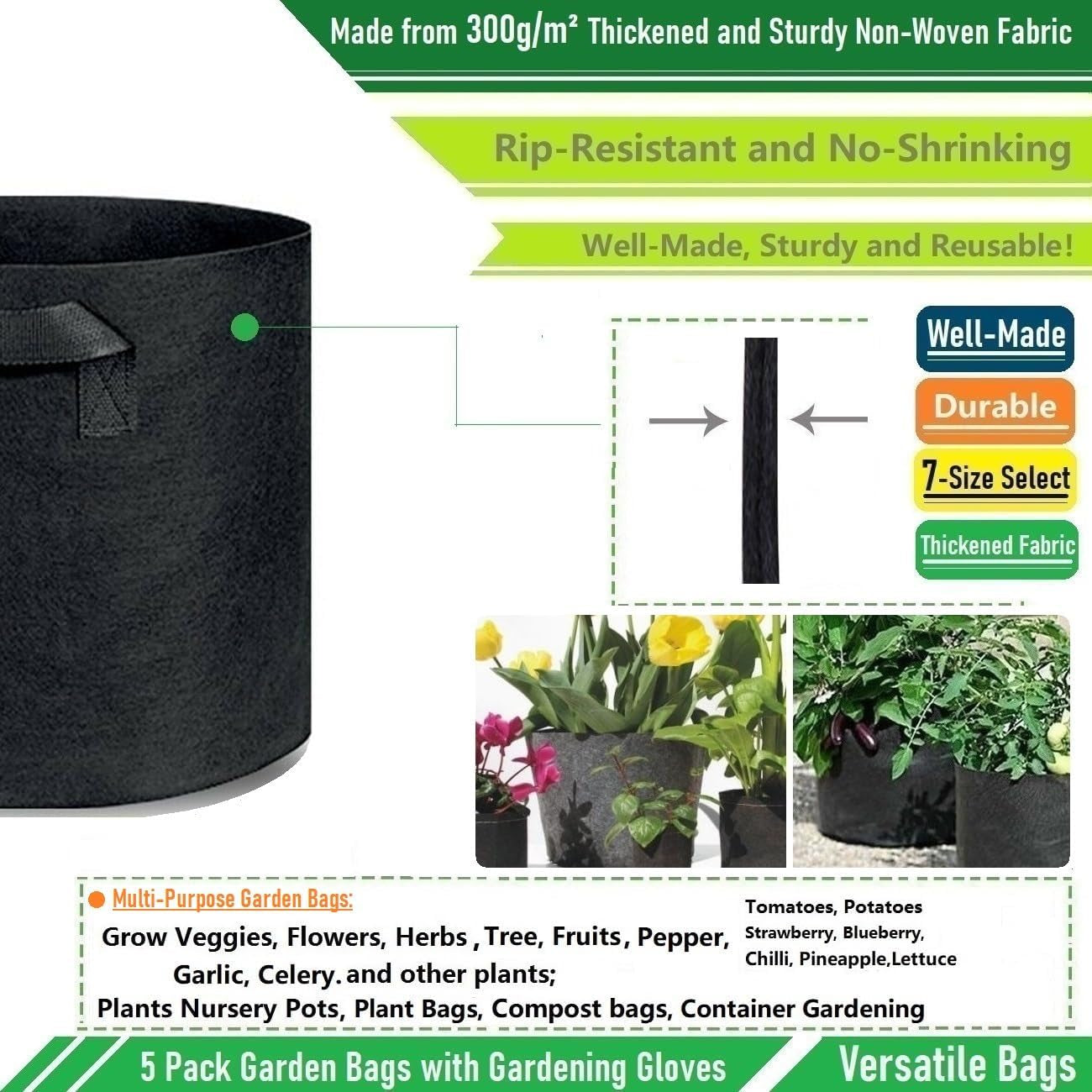 5-Pack 5 Gallon Thickened Plant Grow Bags (12X10 Inch) Nonwoven Fabric Plant Pots for Tomato,Potato Planter,Flower Pots,Herbs Veggies Planter Bags,Garden Pot,Barrel Planter,Garden Plant Bags W/ Gloves