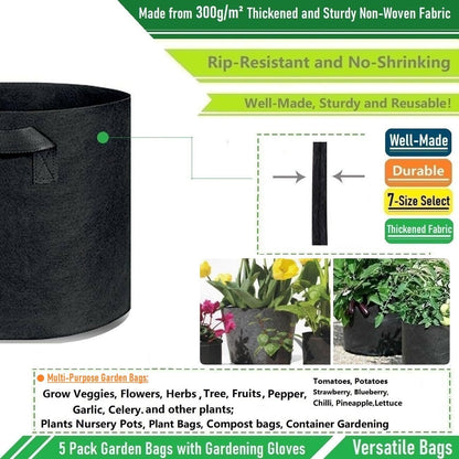 5-Pack 5 Gallon Thickened Plant Grow Bags (12X10 Inch) Nonwoven Fabric Plant Pots for Tomato,Potato Planter,Flower Pots,Herbs Veggies Planter Bags,Garden Pot,Barrel Planter,Garden Plant Bags W/ Gloves