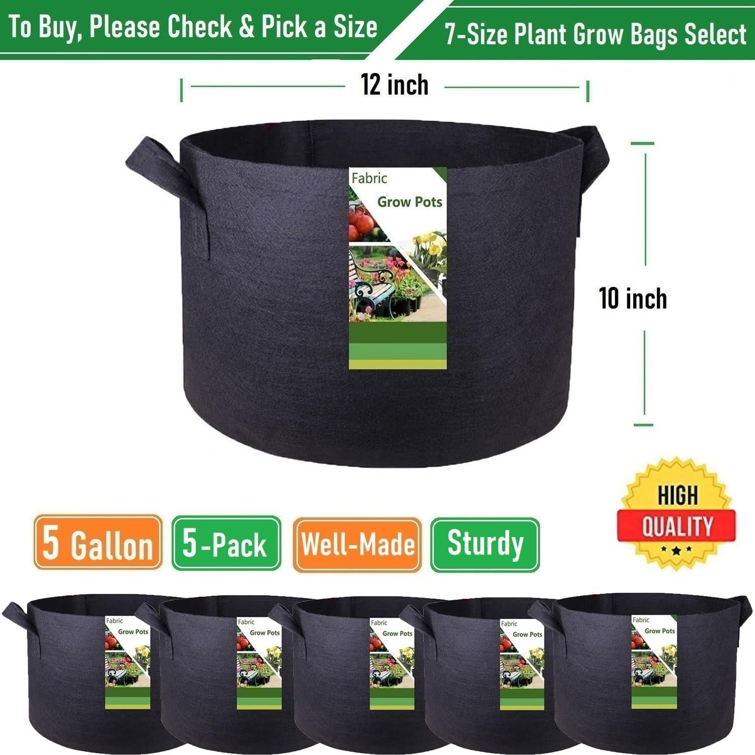 5-Pack 5 Gallon Thickened Plant Grow Bags (12X10 Inch) Nonwoven Fabric Plant Pots for Tomato,Potato Planter,Flower Pots,Herbs Veggies Planter Bags,Garden Pot,Barrel Planter,Garden Plant Bags W/ Gloves