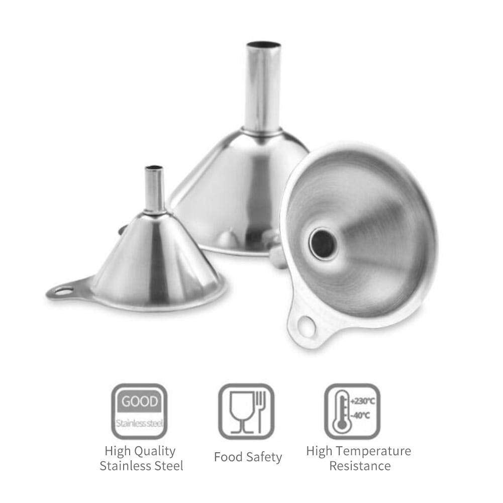 3 in 1 Metal Small Funnels for Filling Bottles Stainless Steel Small Kitchen Funnel Set for Transferring Essential Oils Liquid Fluid Spice Dry Ingredients Powder, Durable and Dishwasher Safe
