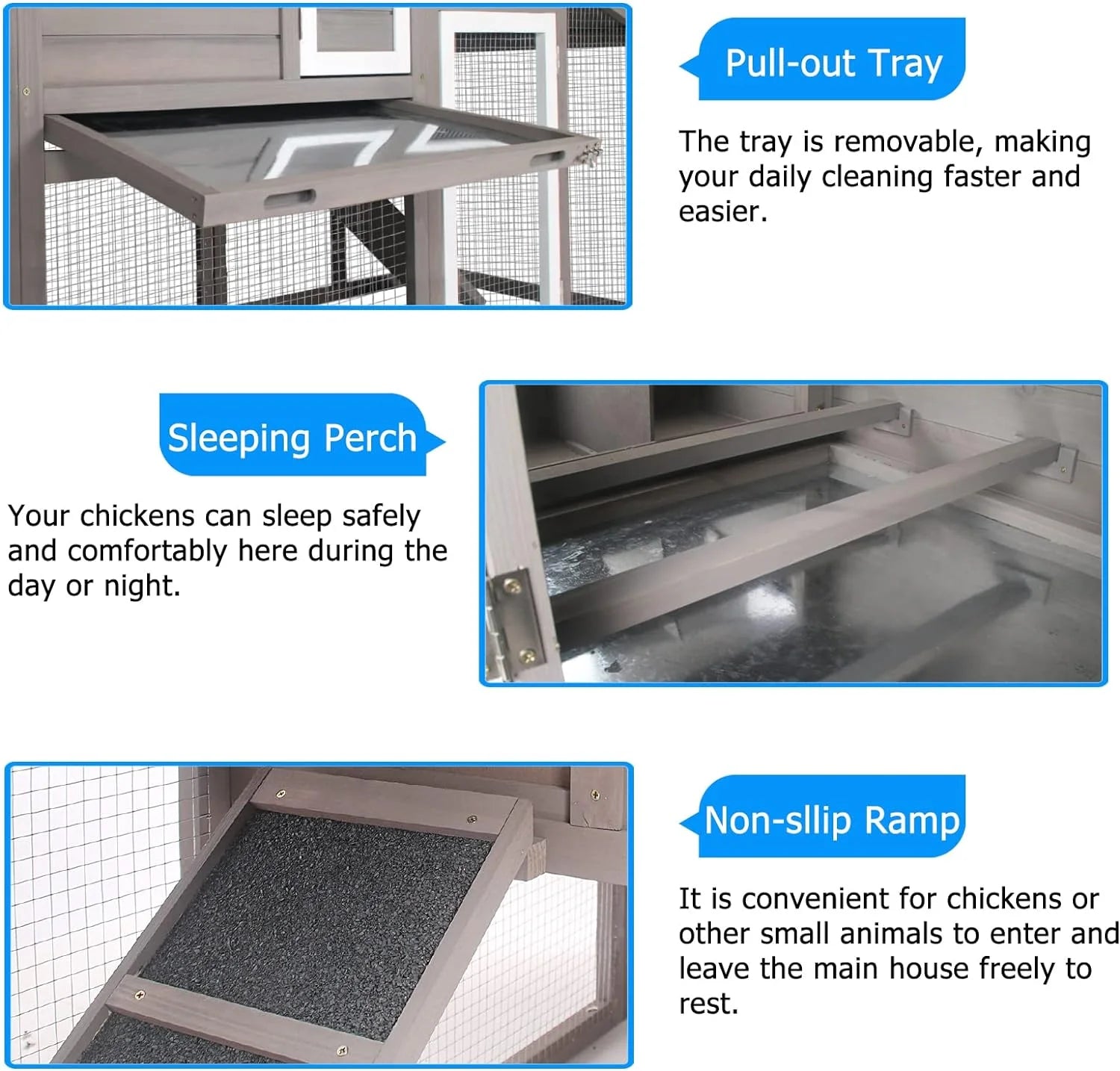 Chicken Coop with Run Wooden Backyard Hen House Indoor & Outdoor for 2-3 Chickens, Grey