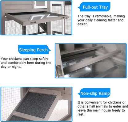 Chicken Coop with Run Wooden Backyard Hen House Indoor & Outdoor for 2-3 Chickens, Grey
