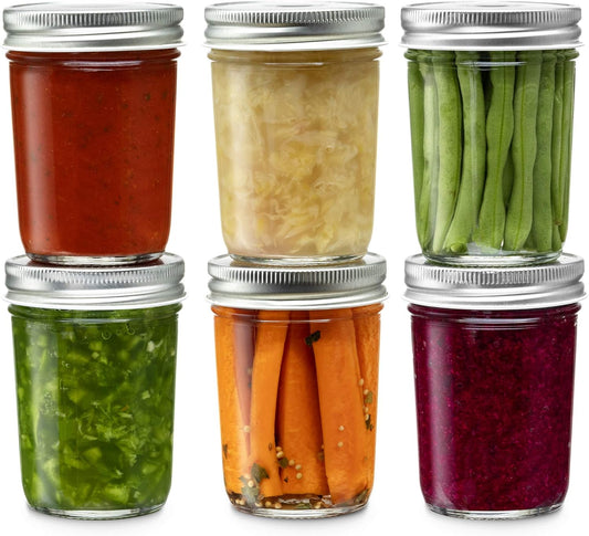 Glass Regular Mouth Mason Jars, 8 Oz Jars with Silver Metal Airtight Lids for Meal Prep, Dry Food Storage, Canning, Drinking, for Overnight Oats, Jelly, Spices, Salads, Yogurt (6 Pack)