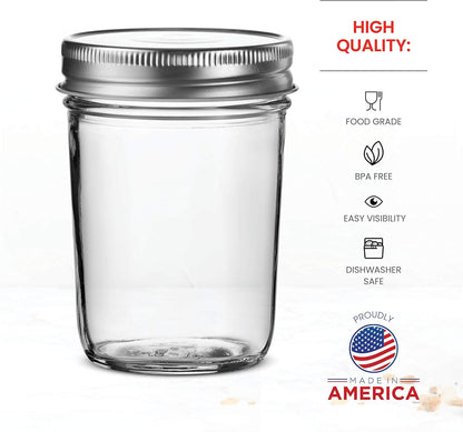 Glass Regular Mouth Mason Jars, 8 Oz Jars with Silver Metal Airtight Lids for Meal Prep, Dry Food Storage, Canning, Drinking, for Overnight Oats, Jelly, Spices, Salads, Yogurt (6 Pack)