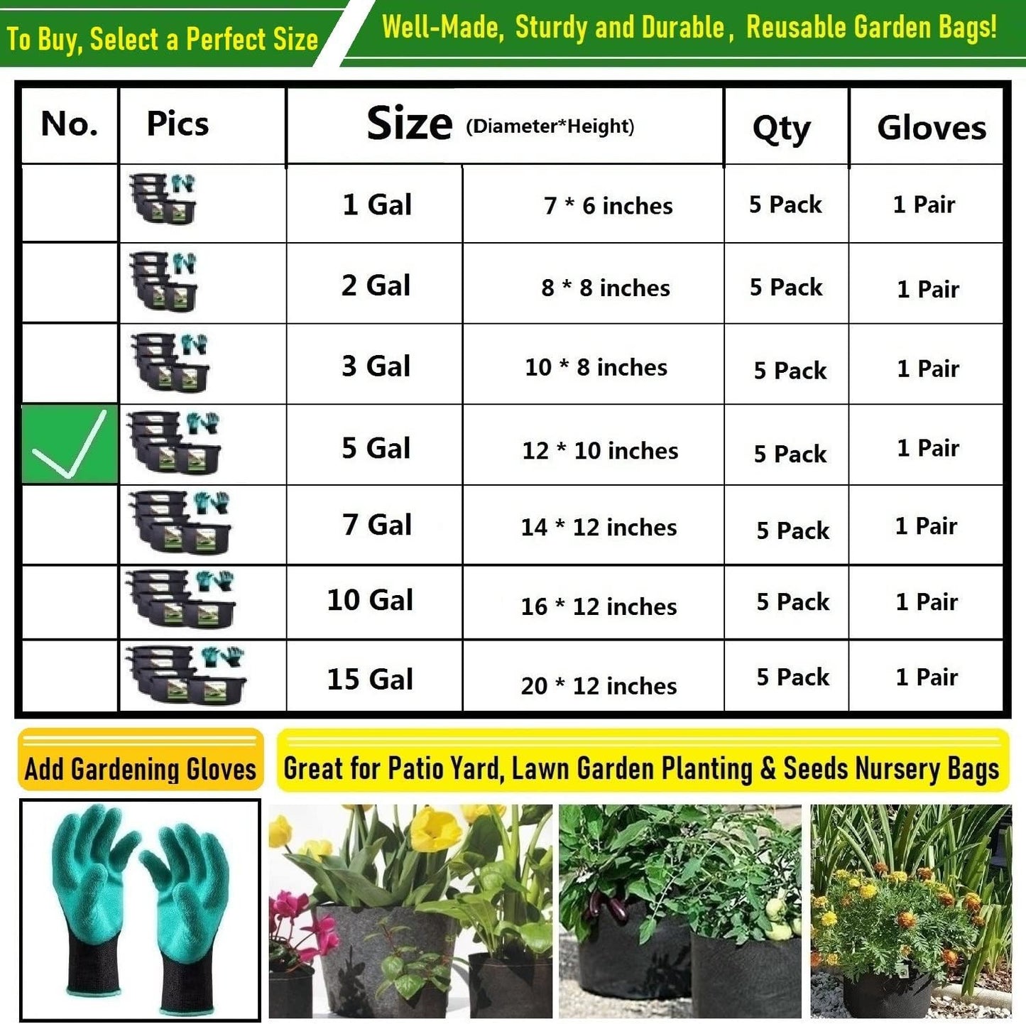 5-Pack 5 Gallon Thickened Plant Grow Bags (12X10 Inch) Nonwoven Fabric Plant Pots for Tomato,Potato Planter,Flower Pots,Herbs Veggies Planter Bags,Garden Pot,Barrel Planter,Garden Plant Bags W/ Gloves
