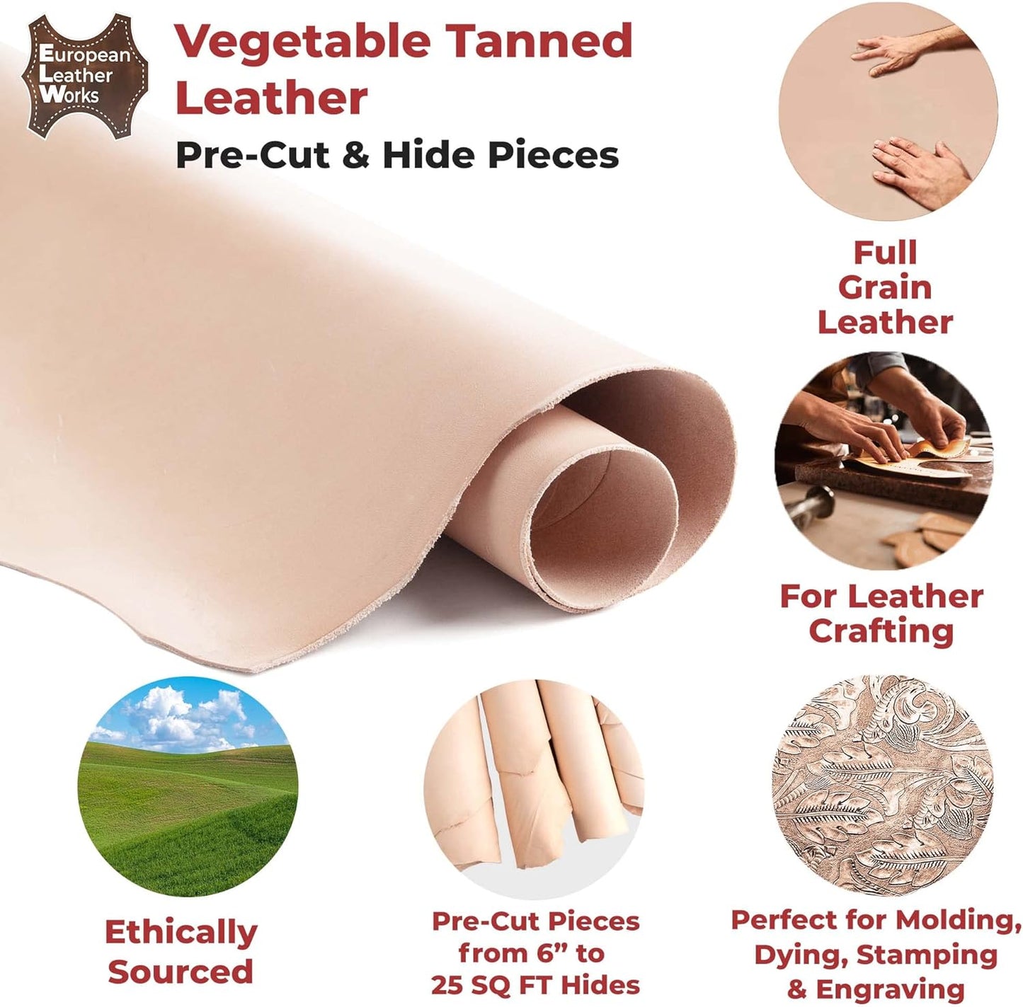 ELW 2-3 Oz (1-1.4Mm) Thickness Weight Pre-Cut 4-6 SQ FT Vegetable Tanned Leather Cowhide Grade AB Full Grain Leather for Tooling, Carving, Engraving, Molding, Embossing, Stamping, & Dyeing