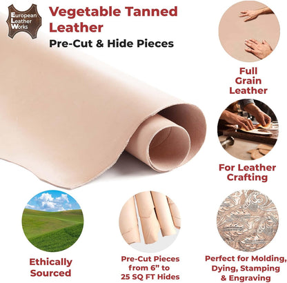ELW 2-3 Oz (1-1.4Mm) Thickness Weight Pre-Cut 4-6 SQ FT Vegetable Tanned Leather Cowhide Grade AB Full Grain Leather for Tooling, Carving, Engraving, Molding, Embossing, Stamping, & Dyeing