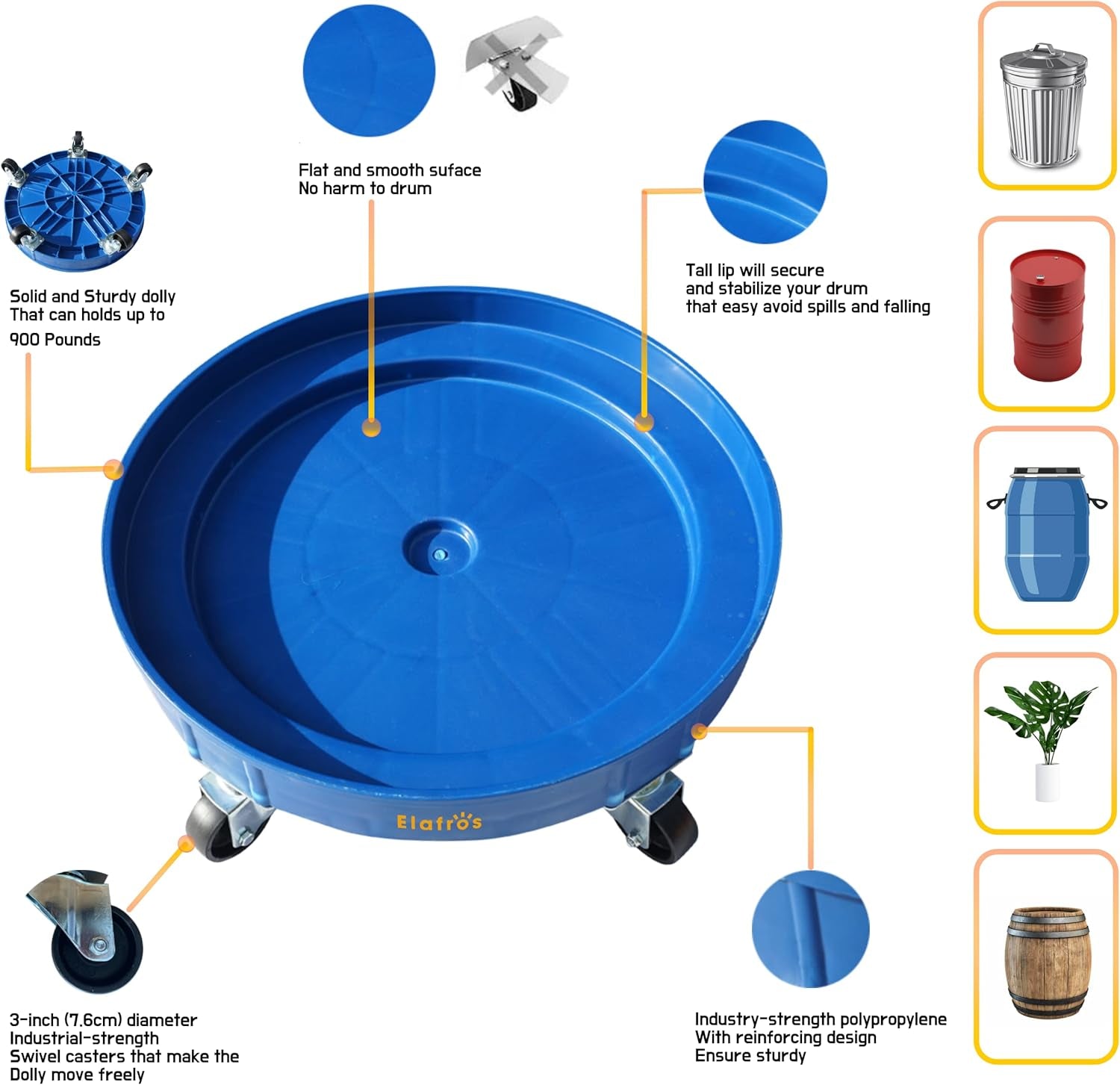 30 Gallon and 55 Gallon Heavy Duty Plastic Drum Dolly – Durable Plastic Drum Cart 900 Lb. Capacity- Barrel Dolly with 5 Swivel Casters Wheel,Blue