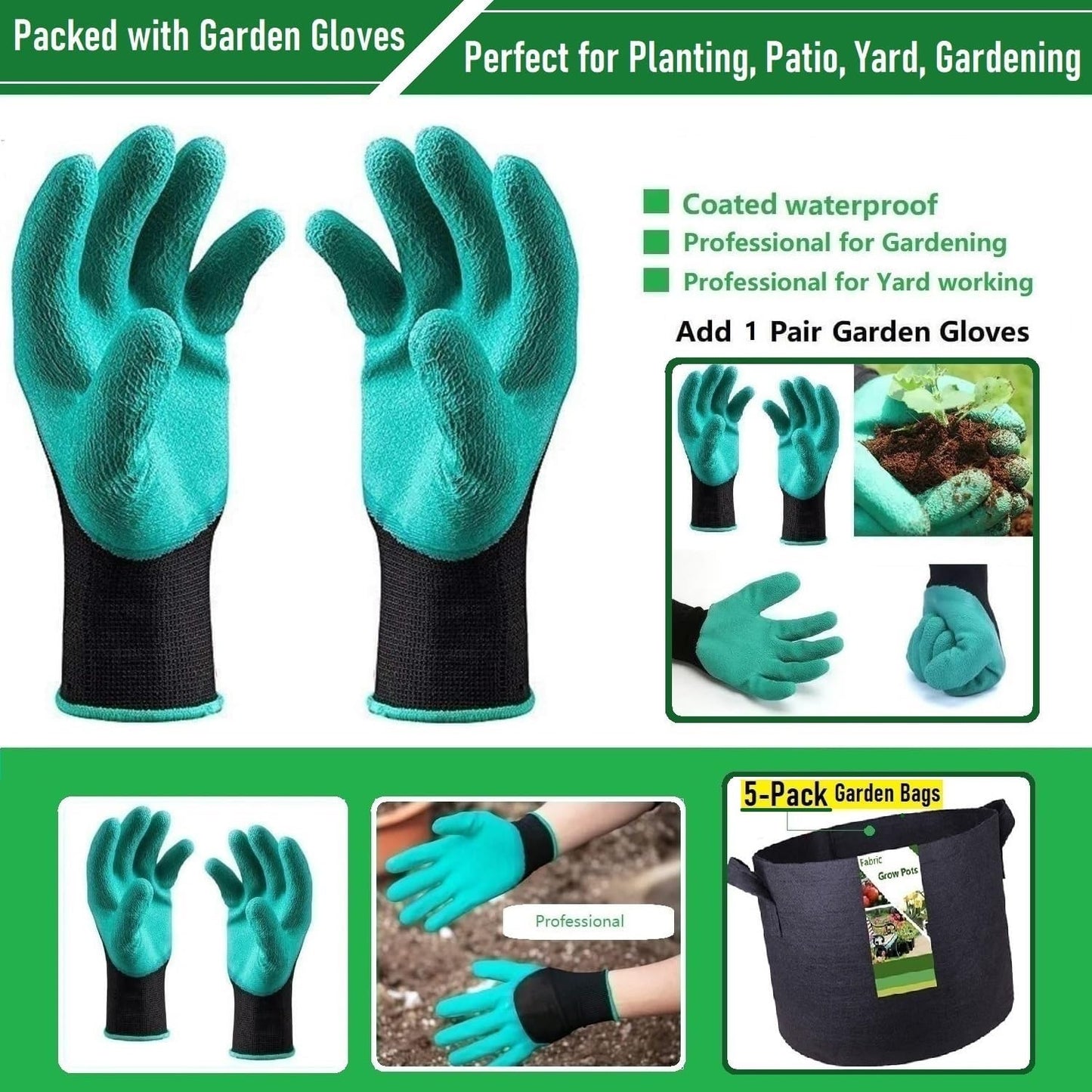 5-Pack 5 Gallon Thickened Plant Grow Bags (12X10 Inch) Nonwoven Fabric Plant Pots for Tomato,Potato Planter,Flower Pots,Herbs Veggies Planter Bags,Garden Pot,Barrel Planter,Garden Plant Bags W/ Gloves