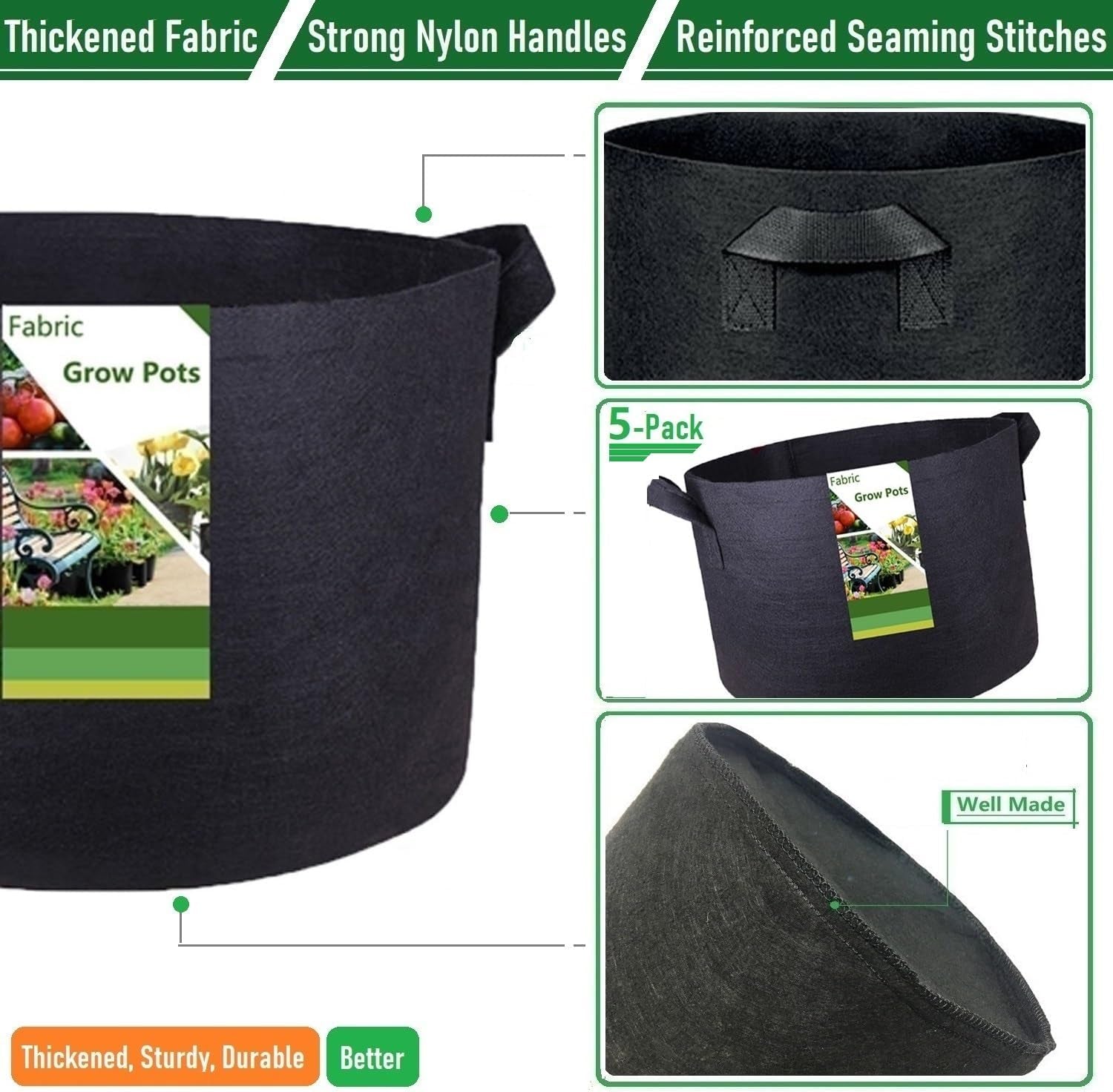 5-Pack 5 Gallon Thickened Plant Grow Bags (12X10 Inch) Nonwoven Fabric Plant Pots for Tomato,Potato Planter,Flower Pots,Herbs Veggies Planter Bags,Garden Pot,Barrel Planter,Garden Plant Bags W/ Gloves