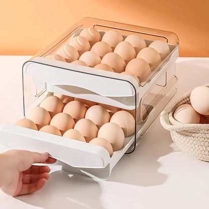 32 Egg Trays- Egg Organizer for Refrigerator,  2-Tier Plastic Fridge Egg Storage Containers with Lid & Handle, Stackable Egg Holder for Refrigerator, White