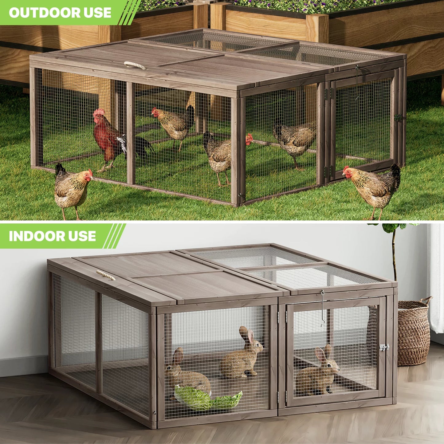 Chicken Coop Rabbit Hutch, 45.5" Wooden Chicken Run Hen House Duck Coop, Small Animal Poultry Cage Outdoor with Openable Roof and Side Door (Grey)