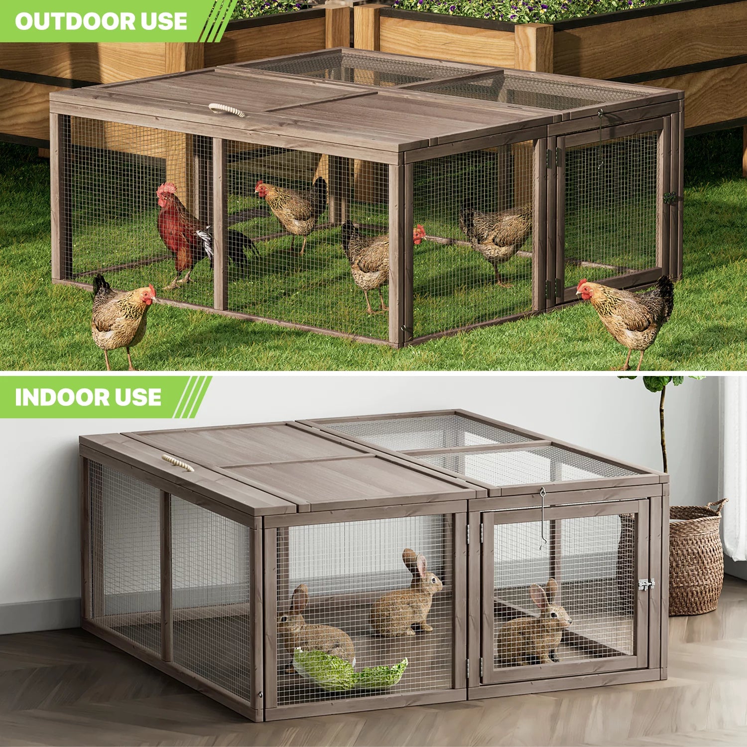 Chicken Coop Rabbit Hutch, 45.5" Wooden Chicken Run Hen House Duck Coop, Small Animal Poultry Cage Outdoor with Openable Roof and Side Door (Grey)