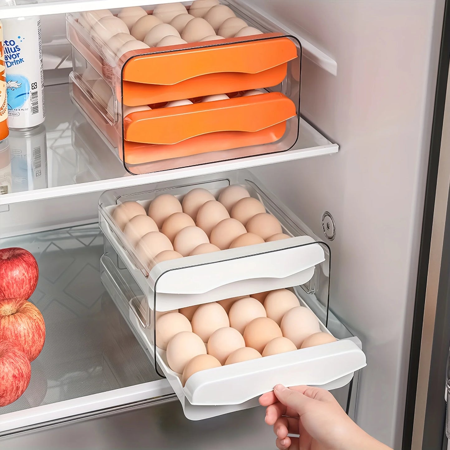 32 Egg Trays- Egg Organizer for Refrigerator,  2-Tier Plastic Fridge Egg Storage Containers with Lid & Handle, Stackable Egg Holder for Refrigerator, White
