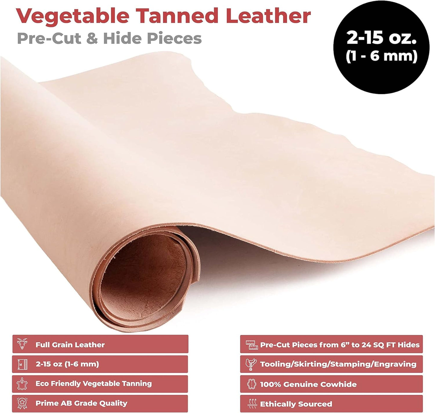ELW 2-3 Oz (1-1.4Mm) Thickness Weight Pre-Cut 4-6 SQ FT Vegetable Tanned Leather Cowhide Grade AB Full Grain Leather for Tooling, Carving, Engraving, Molding, Embossing, Stamping, & Dyeing