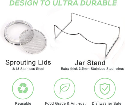 Sprouting Jar Kit-2 Wide Mouth Quart Mason Jars with 316 Stainless Steel Screen Sprout Lids,Melamine Tray,Stand and Canning Brush | Seed Sprouter Set for Growing Broccoli, Alfalfa, Mung Bean (White)
