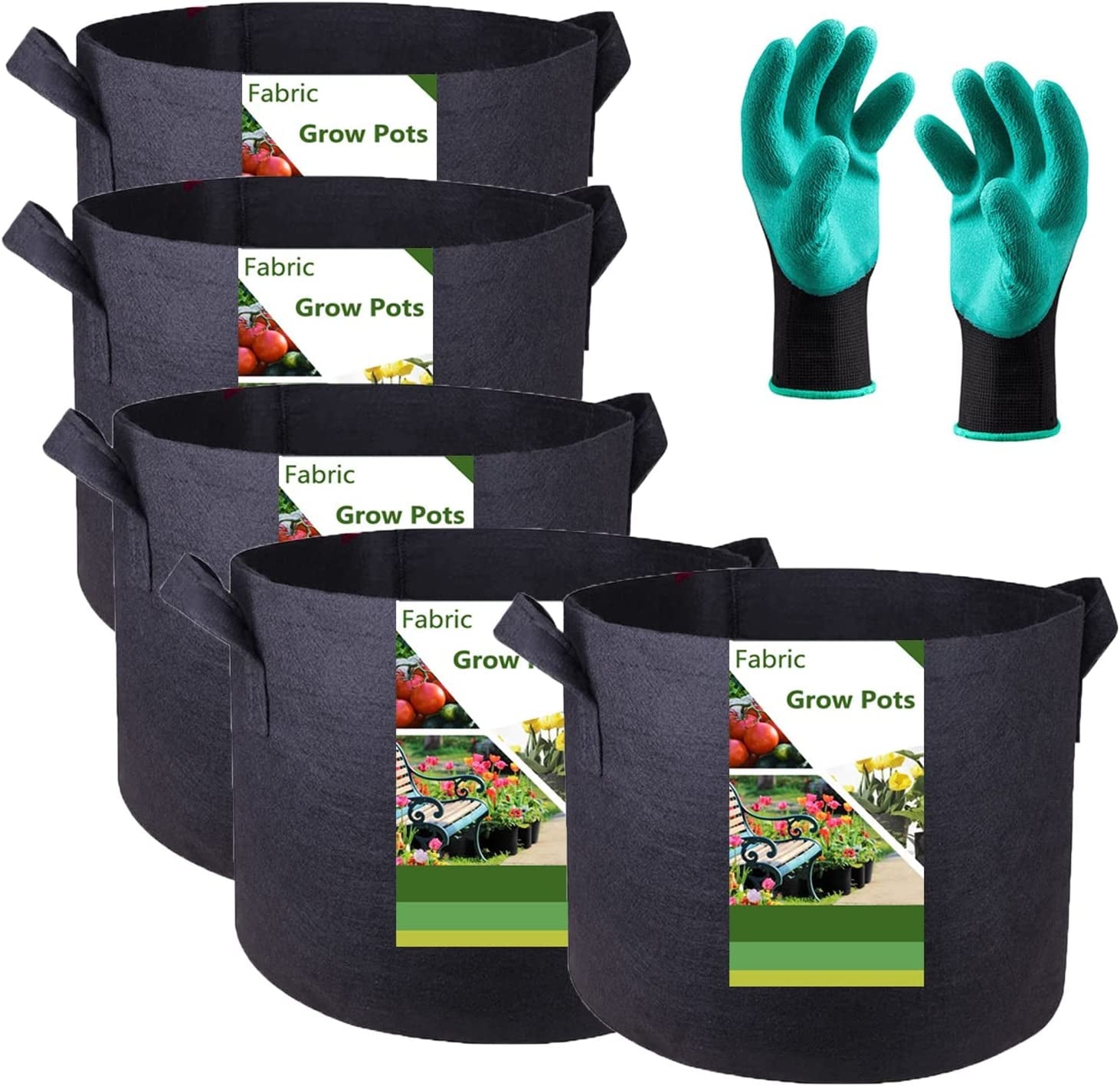 5-Pack 5 Gallon Thickened Plant Grow Bags (12X10 Inch) Nonwoven Fabric Plant Pots for Tomato,Potato Planter,Flower Pots,Herbs Veggies Planter Bags,Garden Pot,Barrel Planter,Garden Plant Bags W/ Gloves