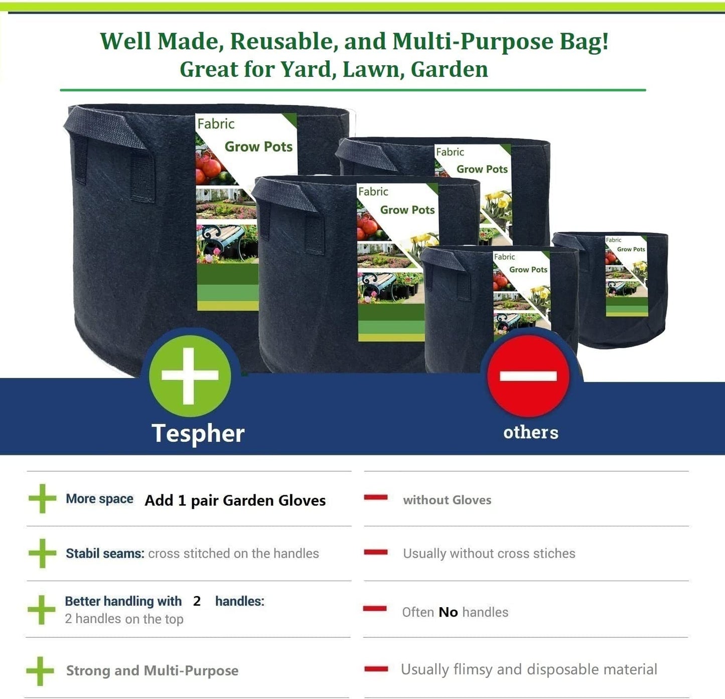 5-Pack 5 Gallon Thickened Plant Grow Bags (12X10 Inch) Nonwoven Fabric Plant Pots for Tomato,Potato Planter,Flower Pots,Herbs Veggies Planter Bags,Garden Pot,Barrel Planter,Garden Plant Bags W/ Gloves