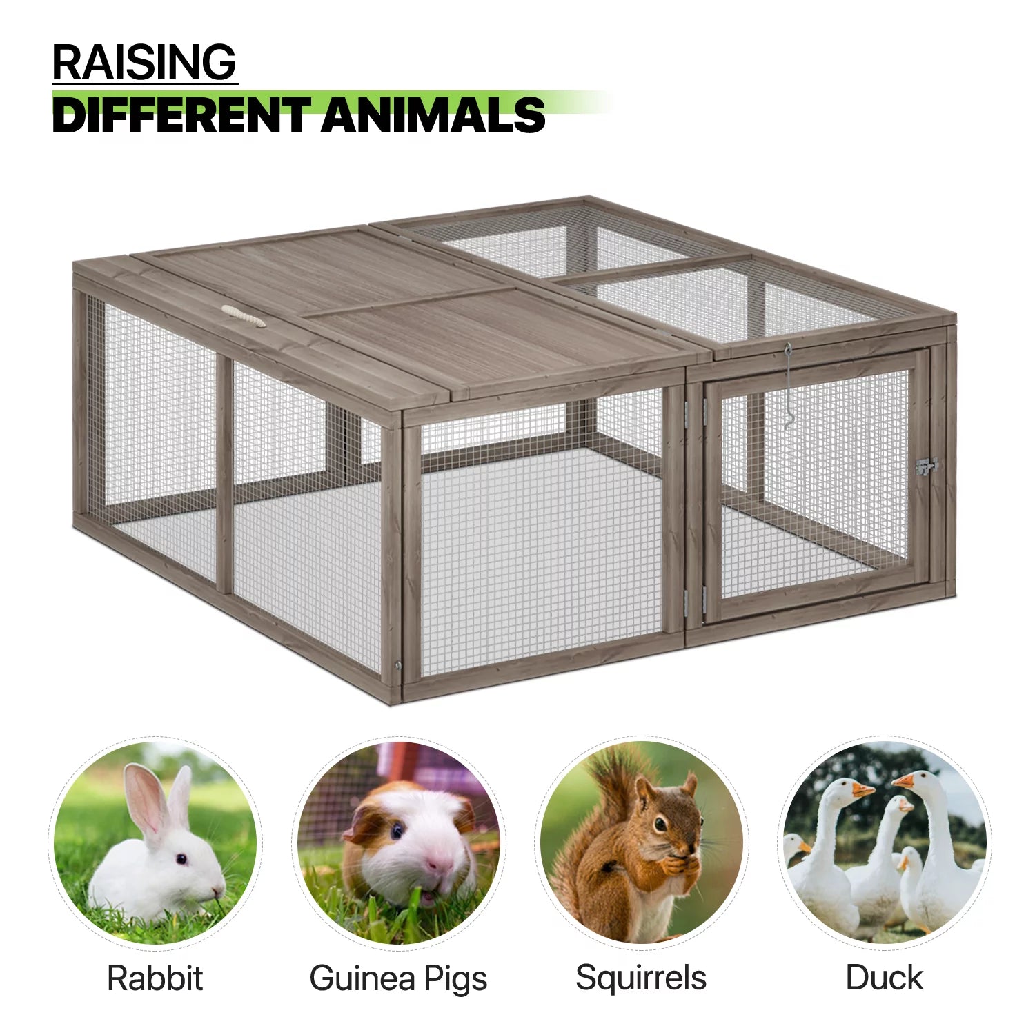 Chicken Coop Rabbit Hutch, 45.5" Wooden Chicken Run Hen House Duck Coop, Small Animal Poultry Cage Outdoor with Openable Roof and Side Door (Grey)