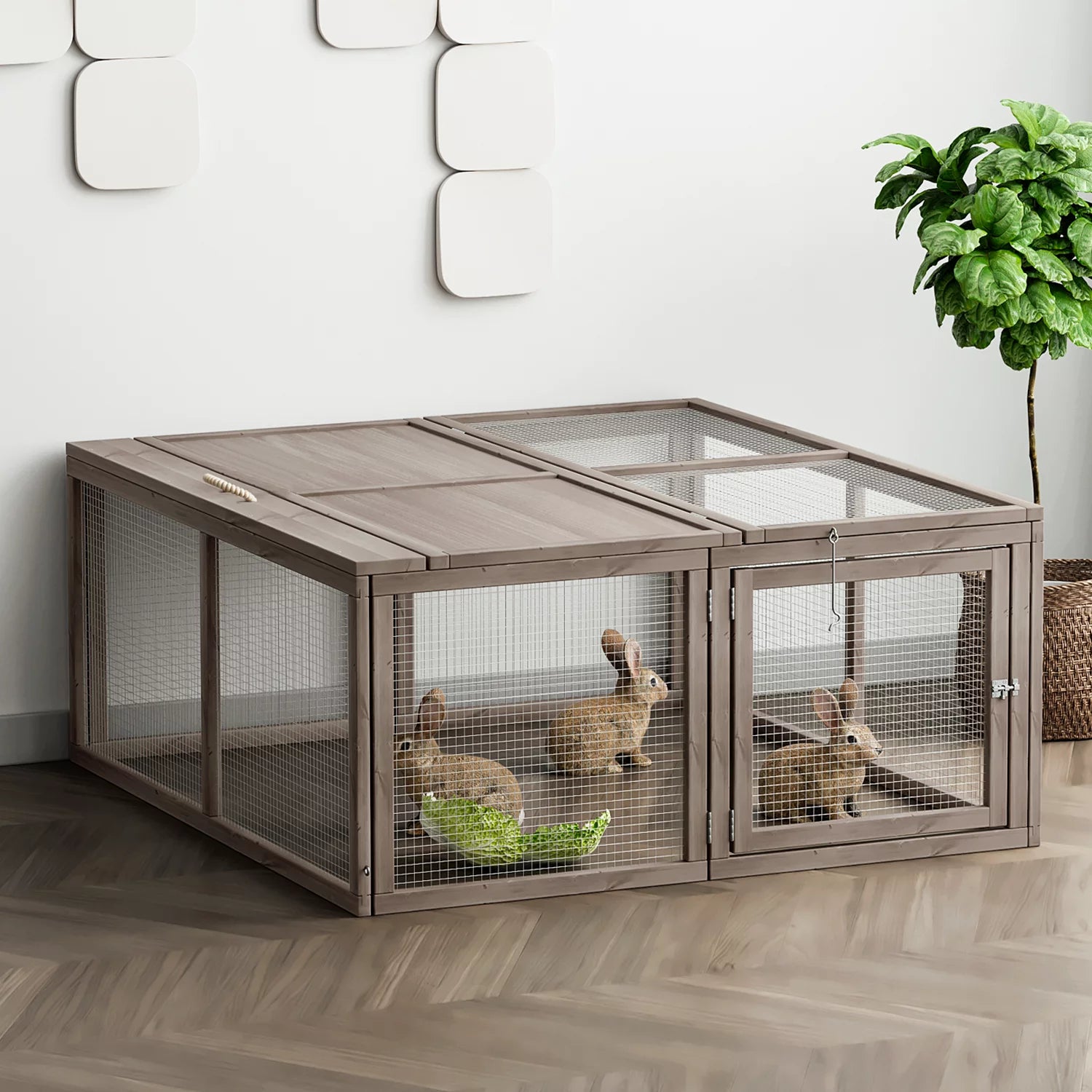 Chicken Coop Rabbit Hutch, 45.5" Wooden Chicken Run Hen House Duck Coop, Small Animal Poultry Cage Outdoor with Openable Roof and Side Door (Grey)