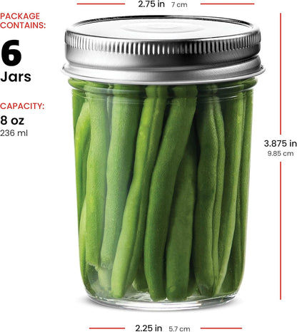 Glass Regular Mouth Mason Jars, 8 Oz Jars with Silver Metal Airtight Lids for Meal Prep, Dry Food Storage, Canning, Drinking, for Overnight Oats, Jelly, Spices, Salads, Yogurt (6 Pack)